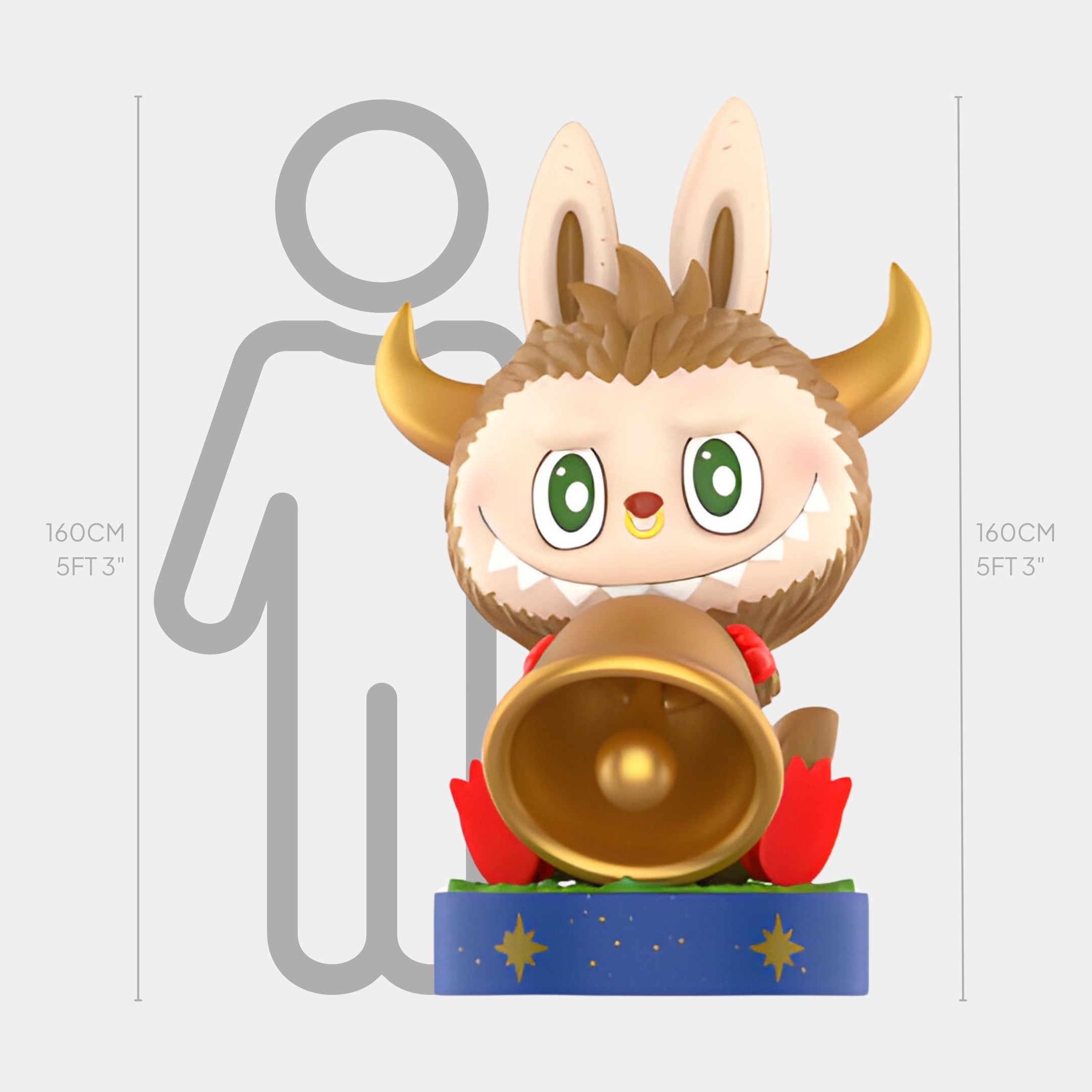 The Constellation Taurus Labubu Sculpture by Giant Sculptures stands 160cm tall, featuring a cute cartoon creature with big ears, small horns, red paws, and a golden bell on a blue base with gold-leaf stars, shown next to a height chart.