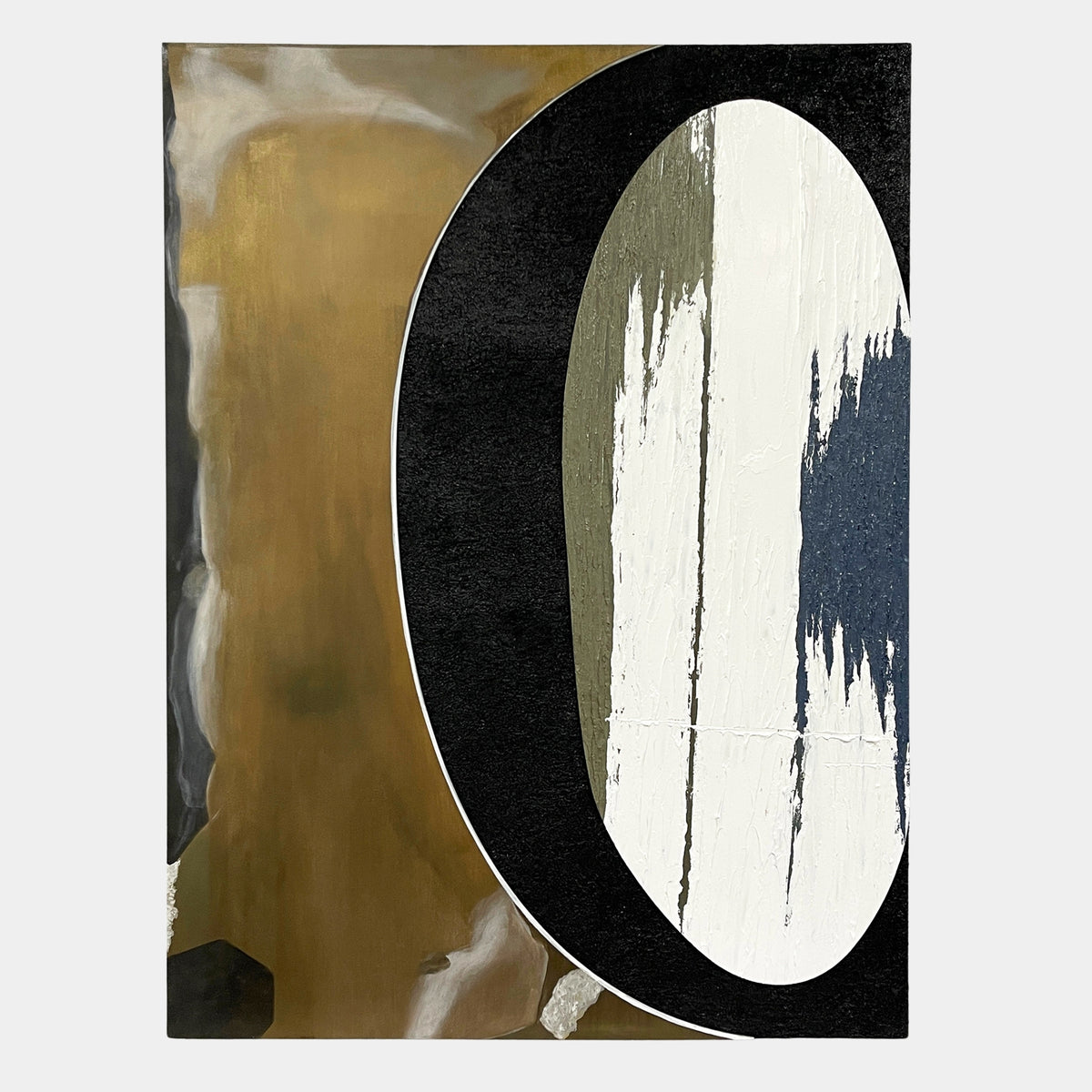 Tectra Divide Smoke & Chalk Textured Oil Painting 3D Wall Art featuring a black crescent border, brown gradient field, and a textured chalk-white oval with impasto brushwork.