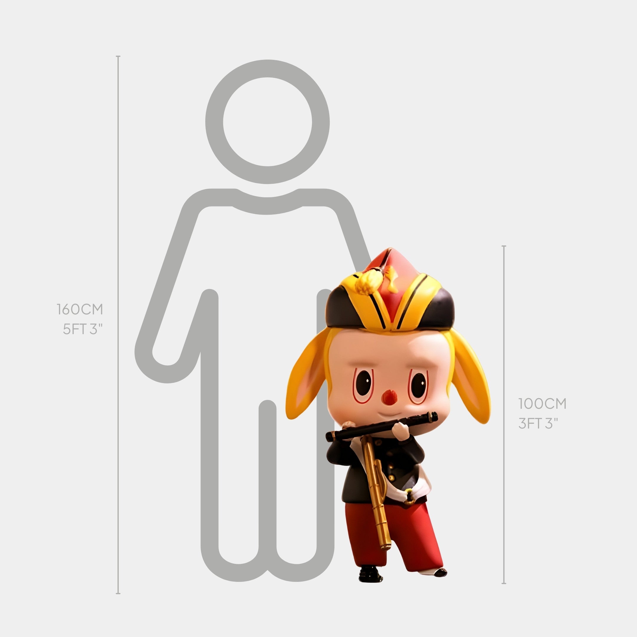 The Art History Parade Fifer Labubu Sculpture - 100cm by Giant Sculptures features a cartoonish figure in a colorful uniform, inspired by Manets The Fifer, posed with a rifle beside a height chart and 160 cm human outline.