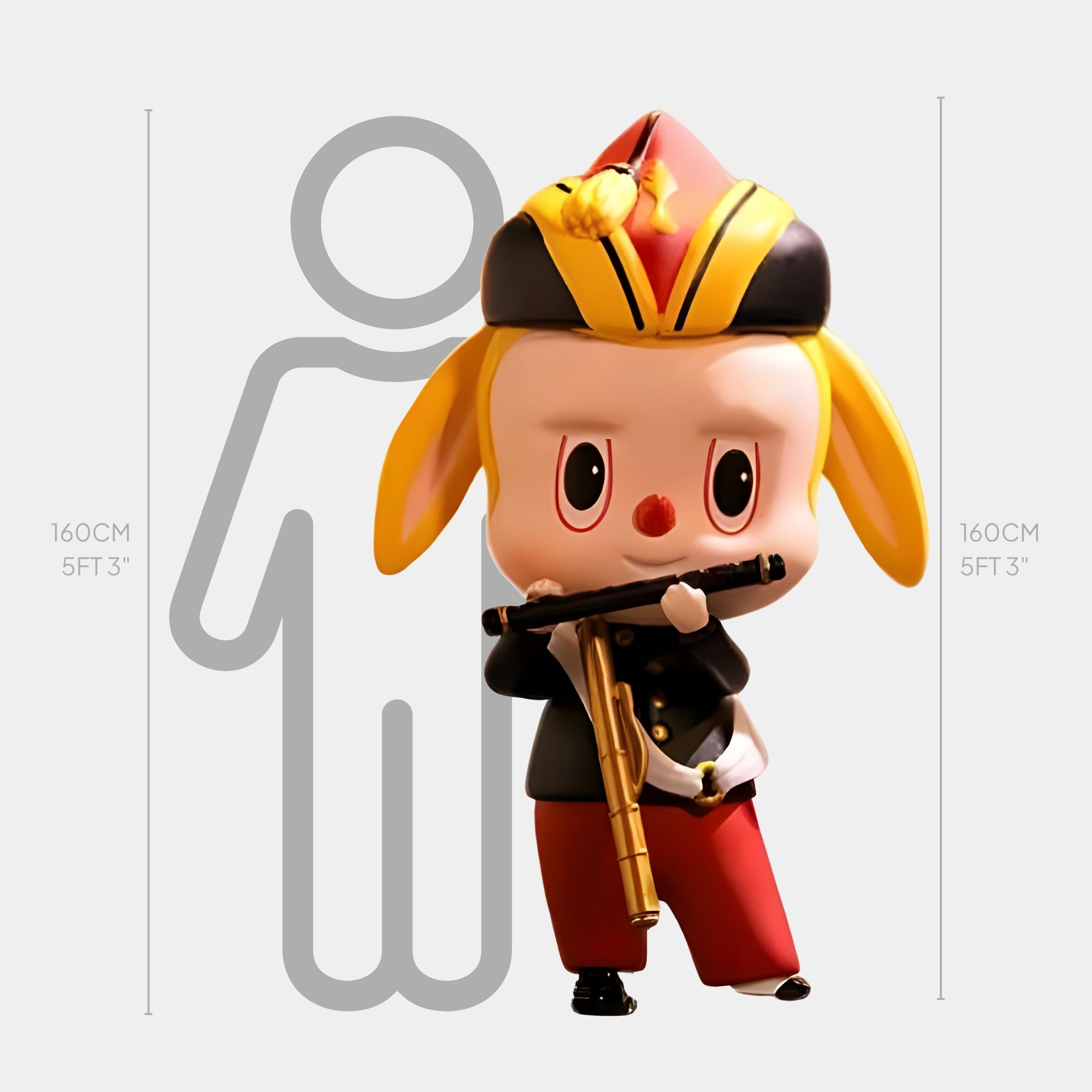 The Art History Parade Fifer Labubu Sculpture by Giant Sculptures is a 160cm indoor fiberglass piece featuring a cartoon character soldier, shown in front of a height chart reaching about the size of an average adult.