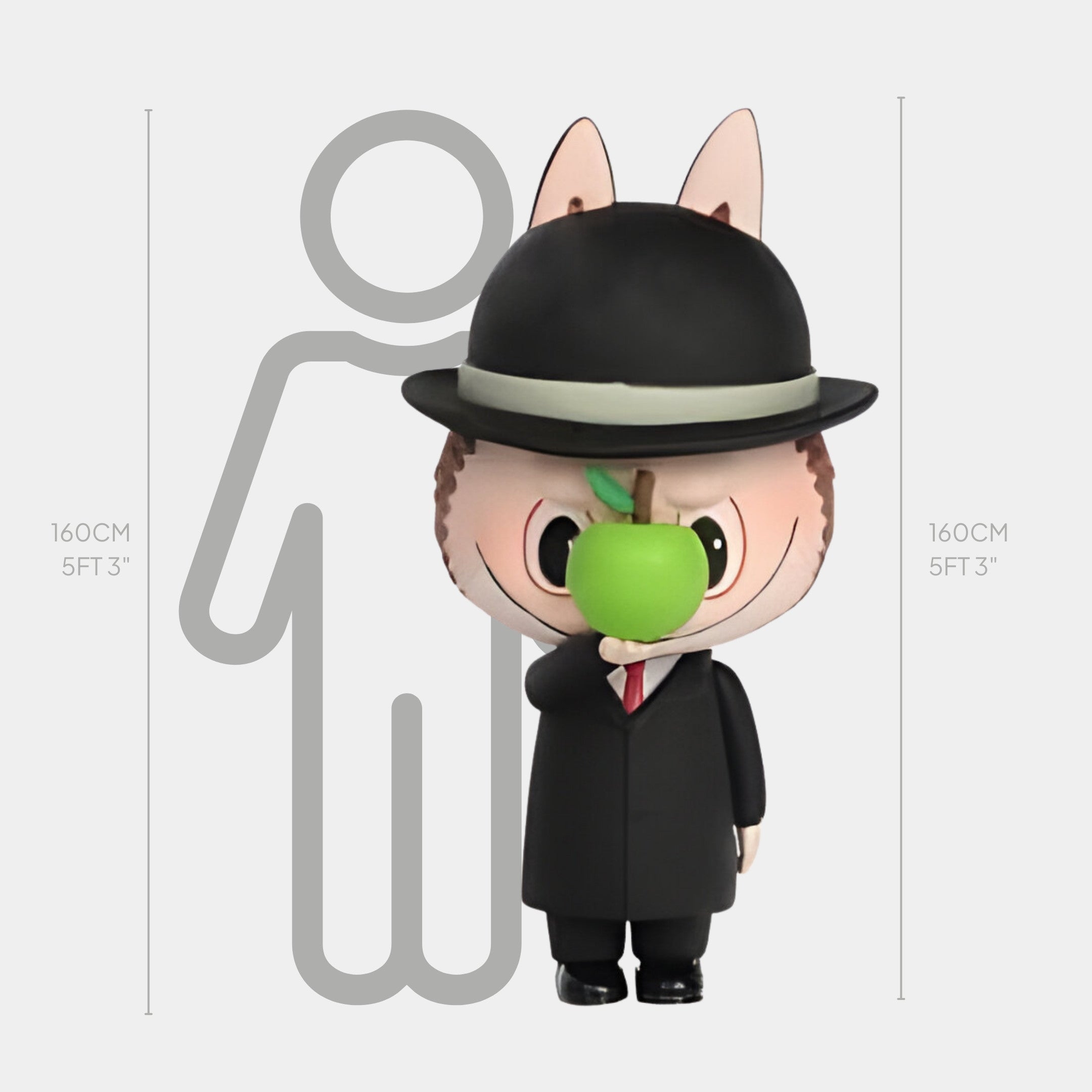 The Art History Apple Mystery Labubu Sculpture by Giant Sculptures stands 160cm tall, featuring a cartoon with cat ears in a black suit and bowler hat, holding a green apple before its face—an homage to Magritte—against a height chart silhouette.