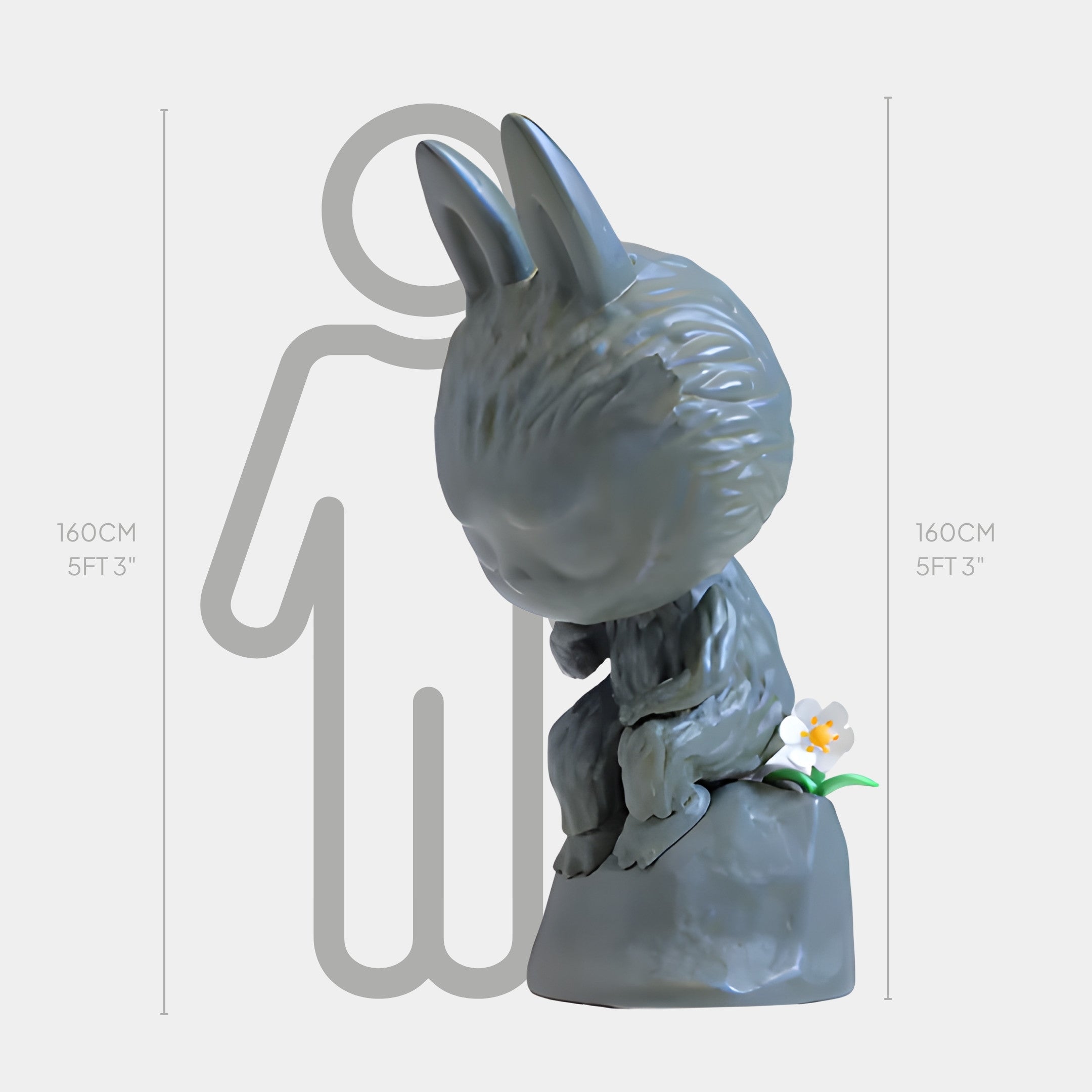 The Giant Sculptures Art History Thinker Labubu Sculpture (160cm) features a large gray figure bowing its head on a rock beside a white flower, with a height chart silhouette showing its indoor display size of about 5 ft 3 in.