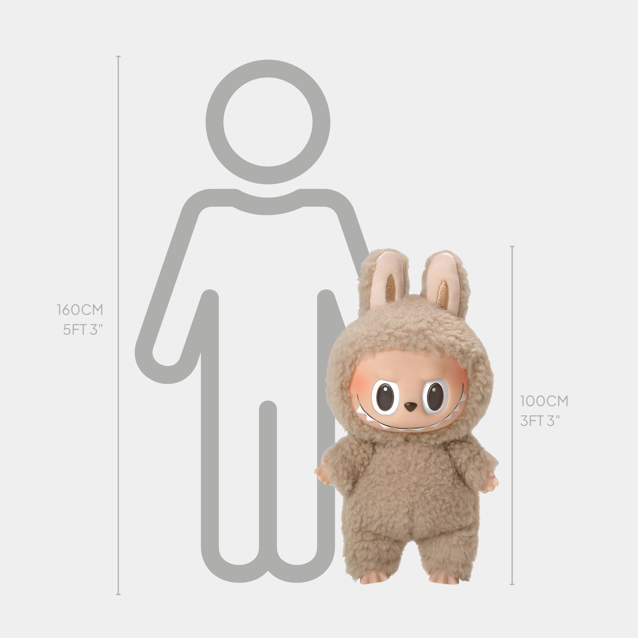 The Giant Sculptures Fluffy Walkers Sandy Beige Labubu Sculpture stands 100 cm (3 ft 3 in) tall—shown beside a 160 cm (5 ft 3 in) person outline, it highlights its collectible appeal and impressive size.