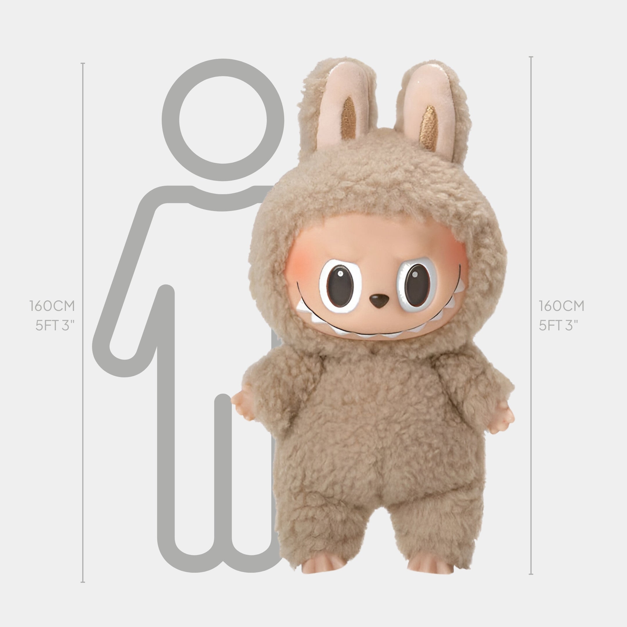 The Giant Sculptures Fluffy Walkers Sandy Beige Labubu Sculpture (160cm) features a plush figure with a round face, big eyes, wide grin, and bunny-eared fuzzy costume. An outline and height chart marked at 160 cm are shown behind it.