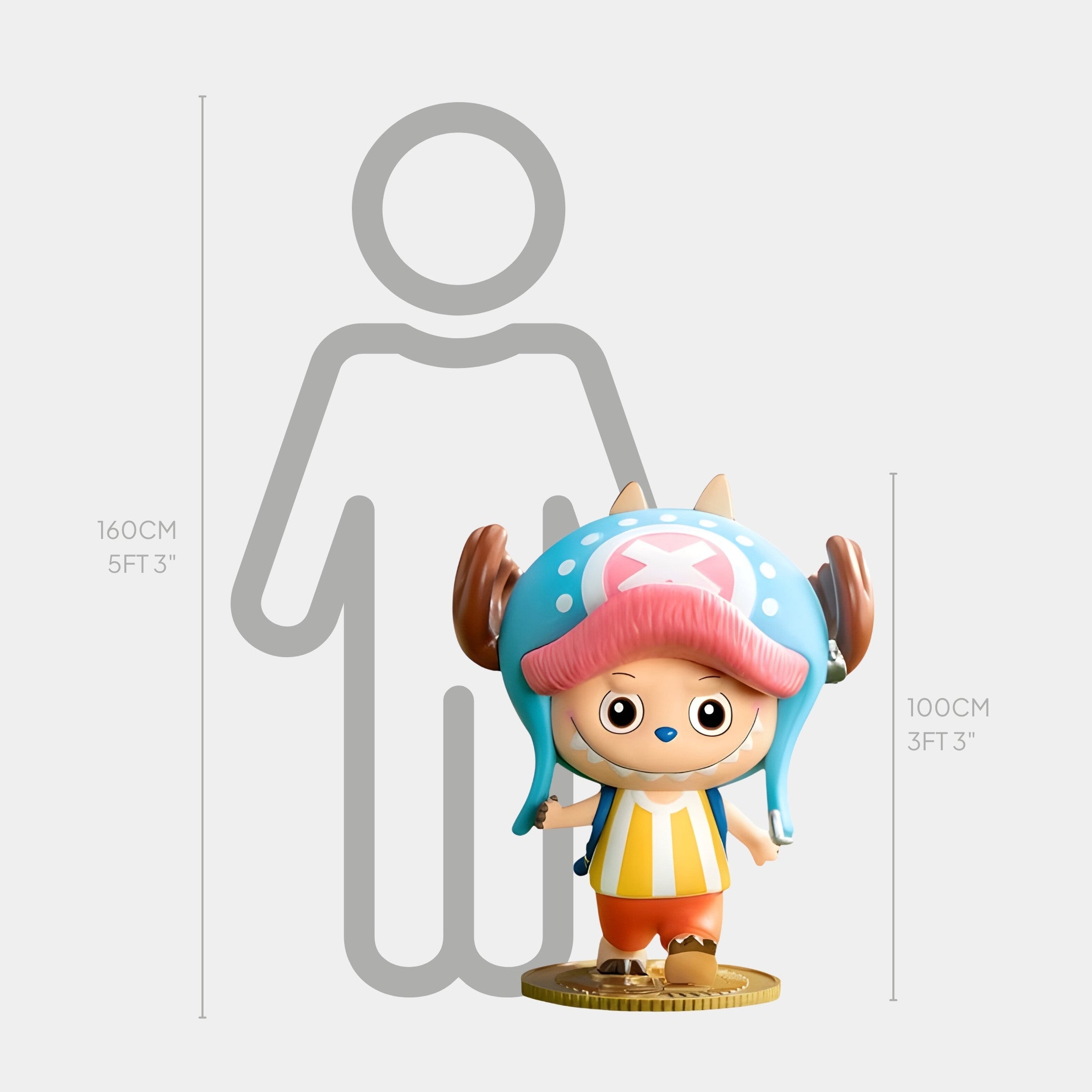 The Grand Line Tony Chopper Labubu Sculpture - 100cm by Giant Sculptures features a cute, cartoon design with antlers and a blue helmet—ideal for anime-themed interiors or as a unique One Piece collectible. Shown beside a 160cm human for scale.