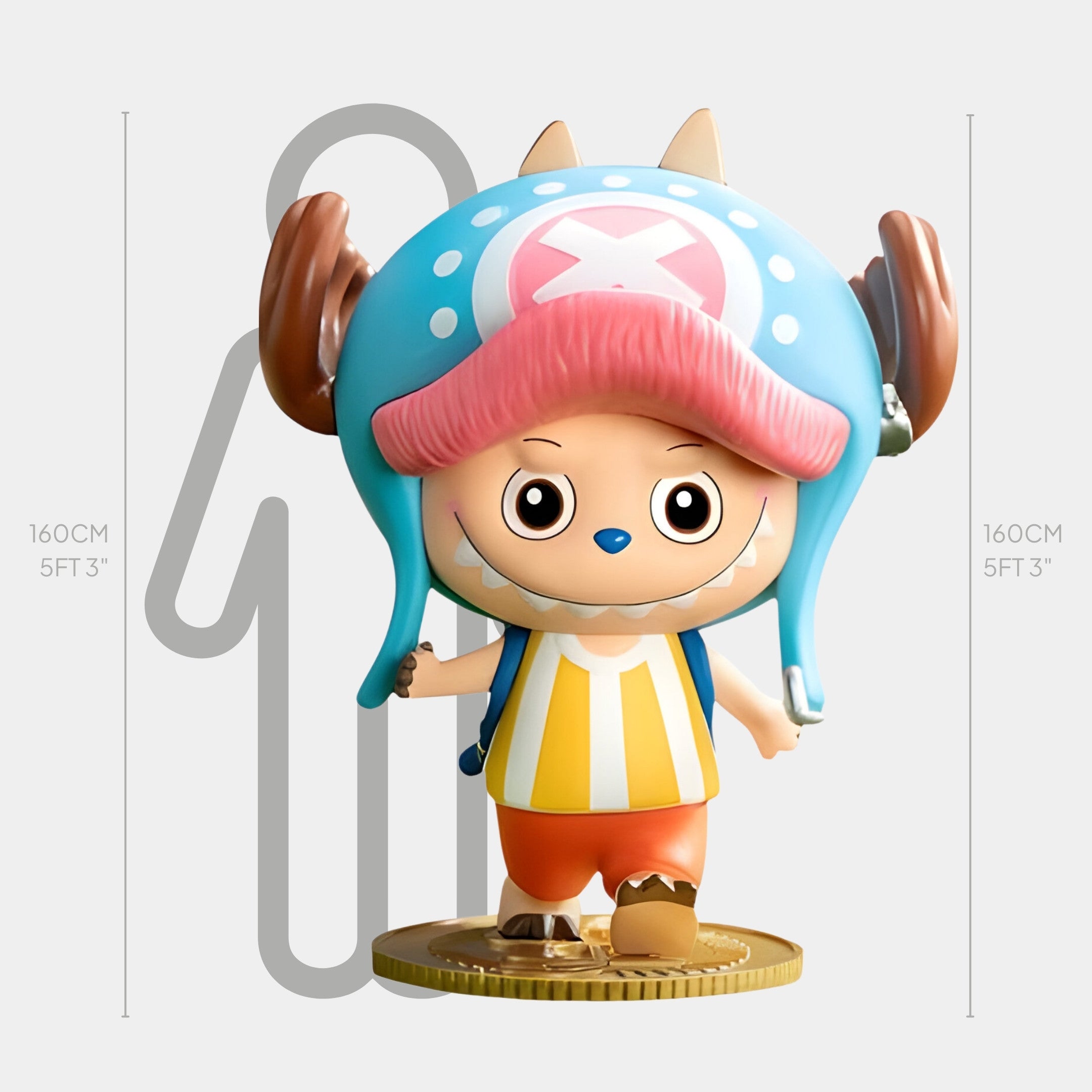 The Grand Line Tony Chopper Labubu Sculpture - 160cm by Giant Sculptures features large antlers, a blue and pink hat, and wide eyes on a gold base. A height scale behind it shows the figures impressive 160 cm (5 ft 3 in) size.