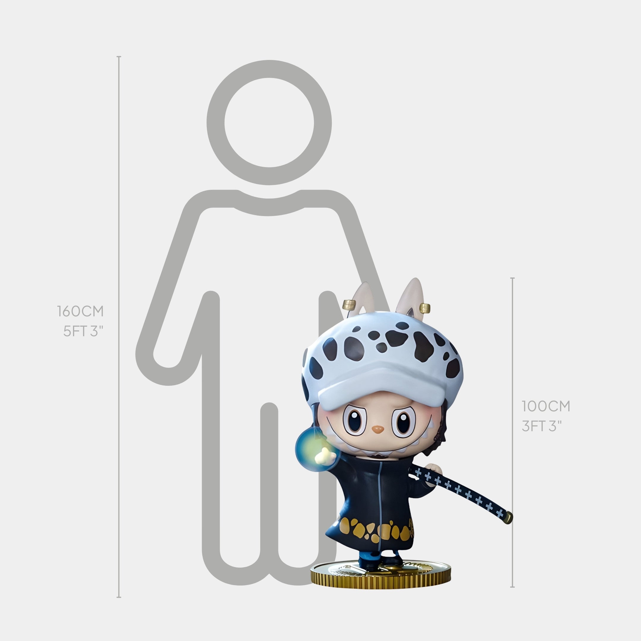 The Grand Line Trafalgar Law Labubu Sculpture by Giant Sculptures stands 100cm tall, featuring Chibi-style Law with a sword and white hat on a gold base—an impressive collectible for anime fans.