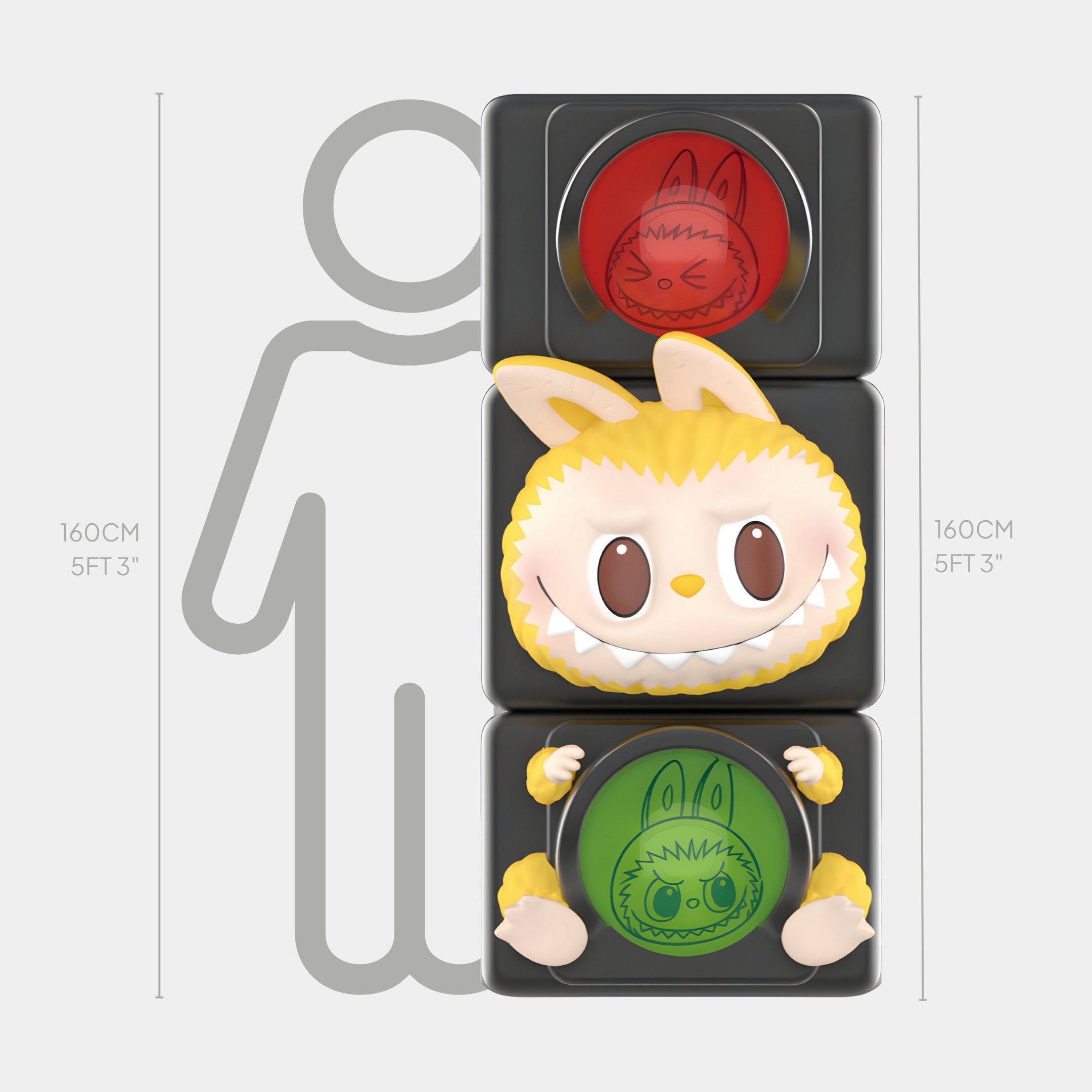 The Hidden Traffic Light Labubu Sculpture - 160cm by Giant Sculptures features a red angry bunny atop a green happy bunny costume beside a height chart, creating a striking statement piece.
