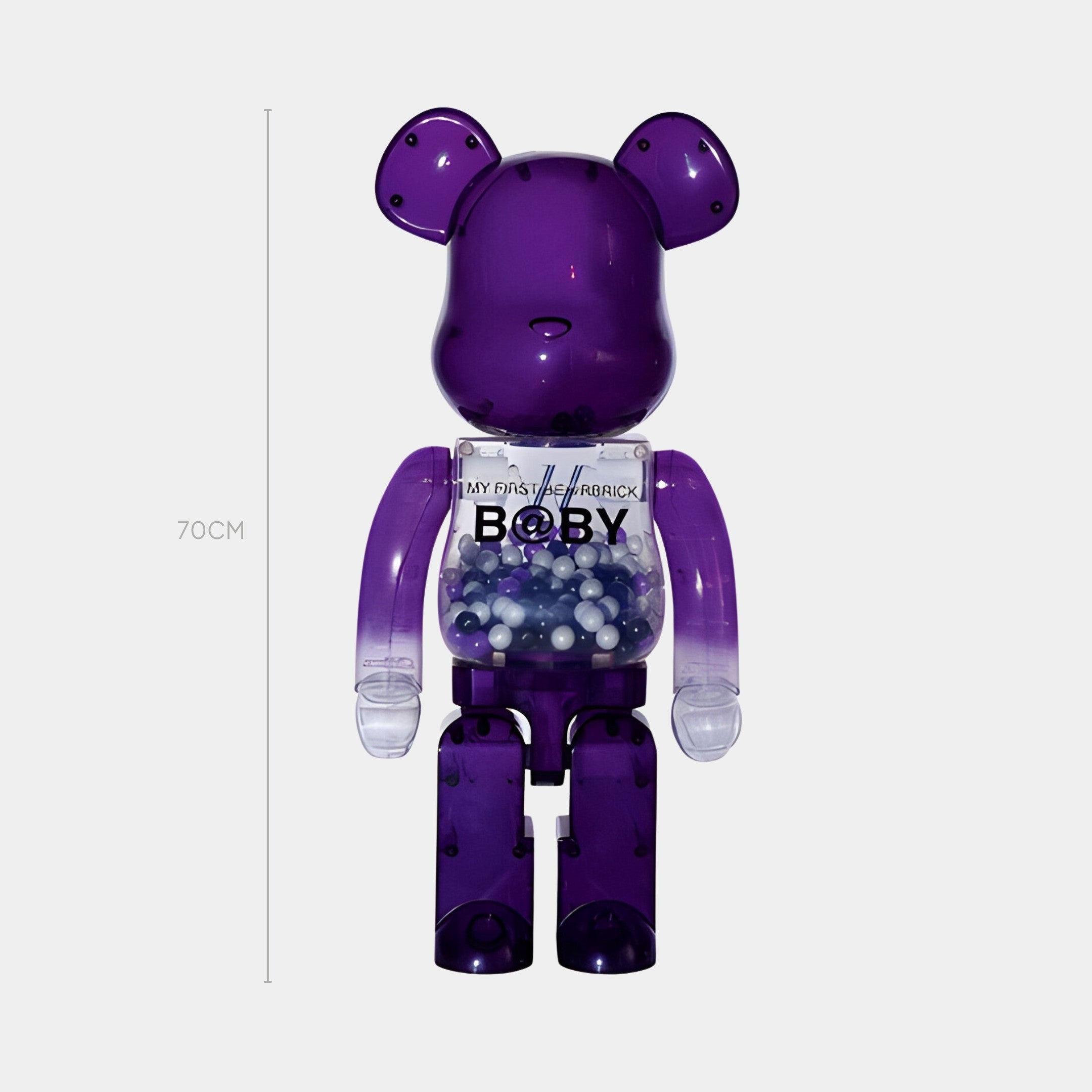 The 70cm Translucent Purple Beads Bear Sculpture by Giant Sculptures stands upright against a plain light background, its torso filled with blue and white balls and “MY FIRST BE@RBRICK B@BY” text on its chest.