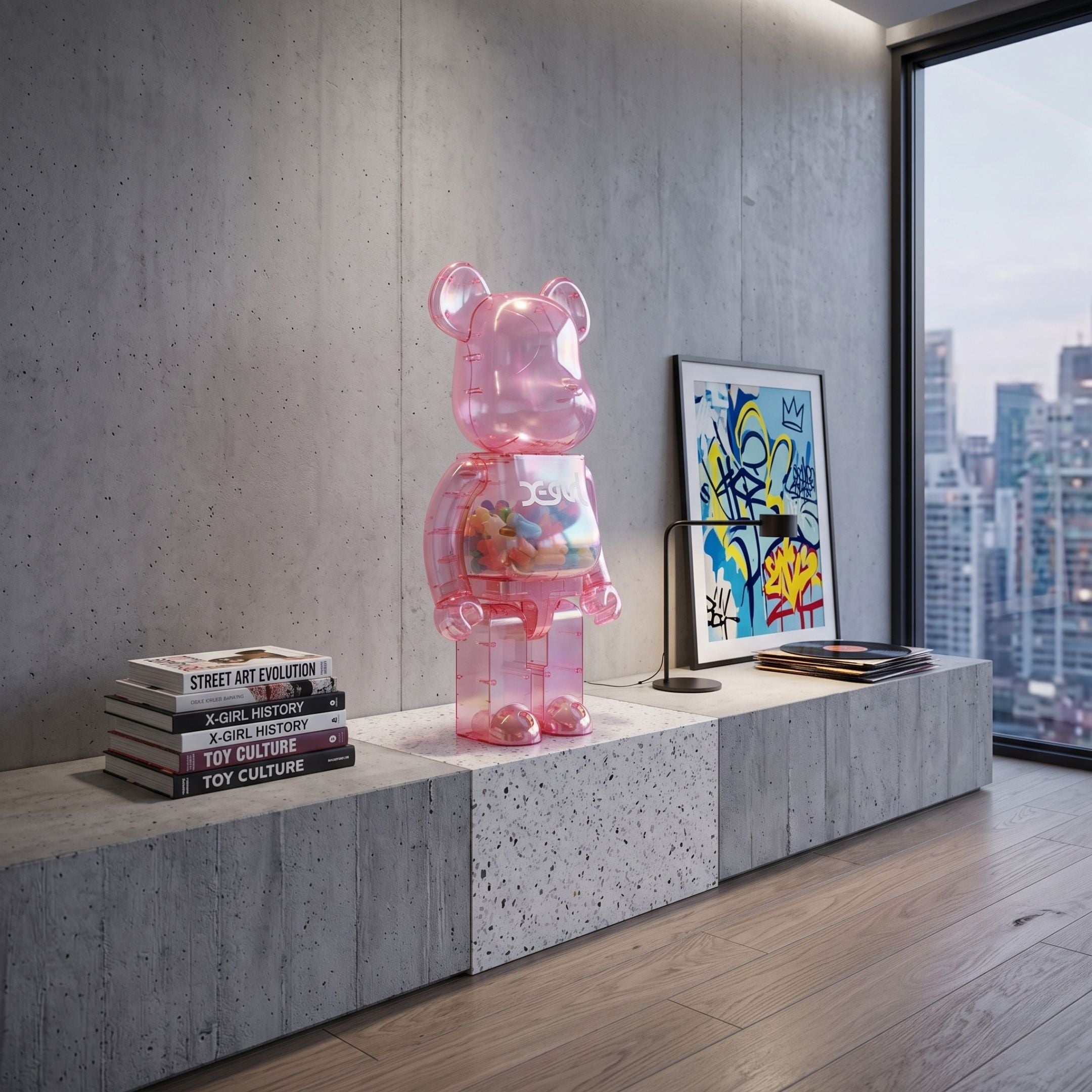 Transparent Pink Bear Sculpture (70cm) by Giant Sculptures displayed on a concrete platform beside books and framed street art in a modern living room.