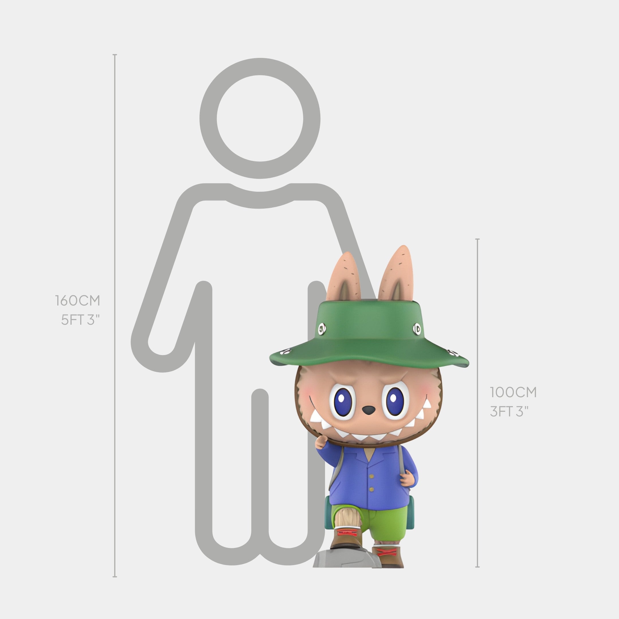 The Camp Life Traveller Labubu Sculpture - 100cm by Giant Sculptures features a cartoon animal in a green hat and blue coat, standing beside a human outline to showcase the explorer spirit and camp life adventure.