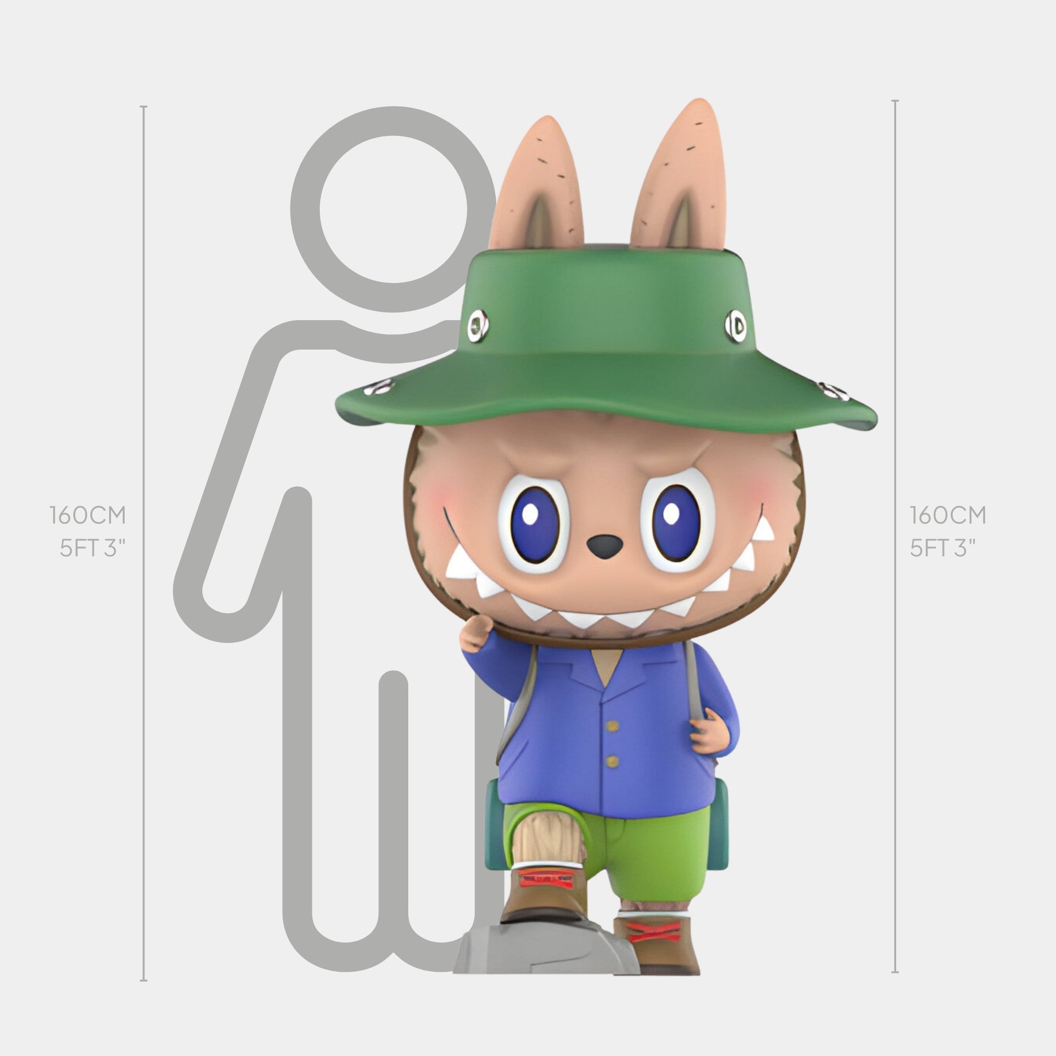 The Giant Sculptures Camp Life Traveller Labubu Sculpture - 160cm features a cartoon character with bunny ears, a green hat, blue jacket, green shorts, red boots, and a bandaged leg—perfect as a storytelling centerpiece.