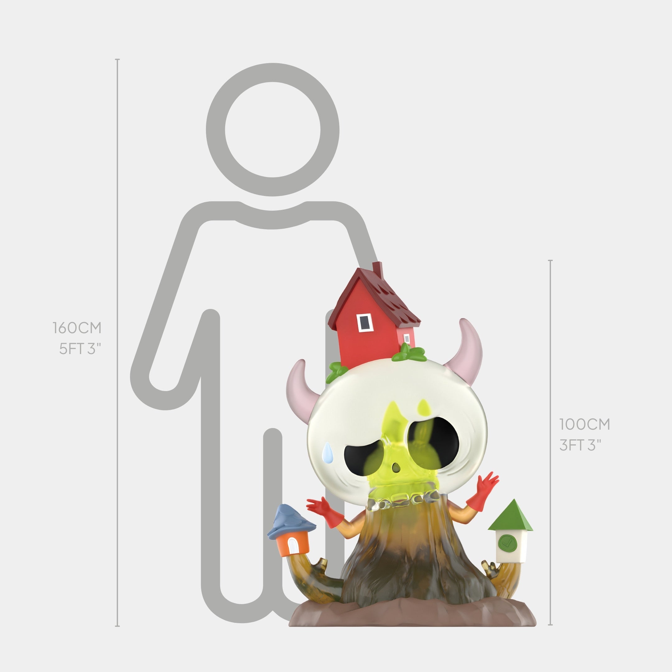 The Hidden Tree House Labubu Sculpture by Giant Sculptures features a skull-like head, horns, and a red house atop its fibreglass body. Standing 100 cm tall, it is shown next to a 160 cm human outline and height chart for scale.