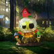 The 160cm Hidden Tree House Labubu Sculpture by Giant Sculptures features a transparent, horned, skull-like design with a red house on its head, standing on grass and holding colorful houses in a sunny forest setting.