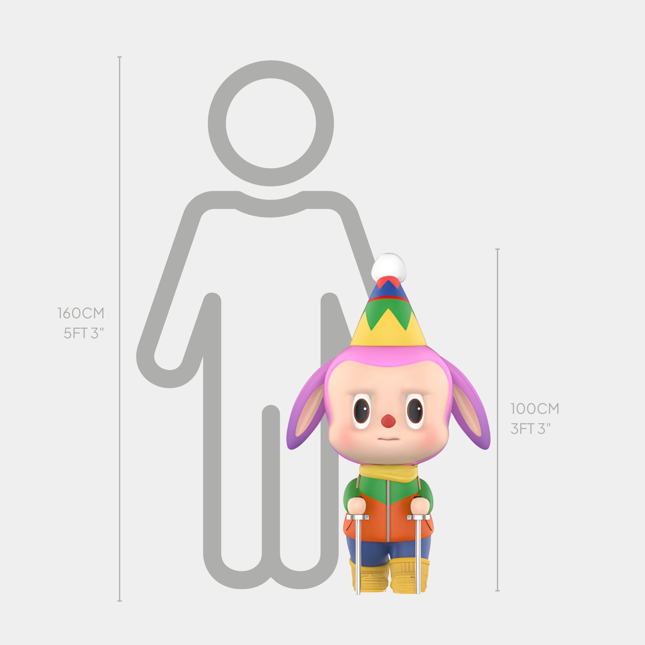 The Camp Life Trekker Labubu Sculpture by Giant Sculptures stands 100cm tall next to a 160cm human outline—perfect as a quirky indoor decoration or collectible statement piece.