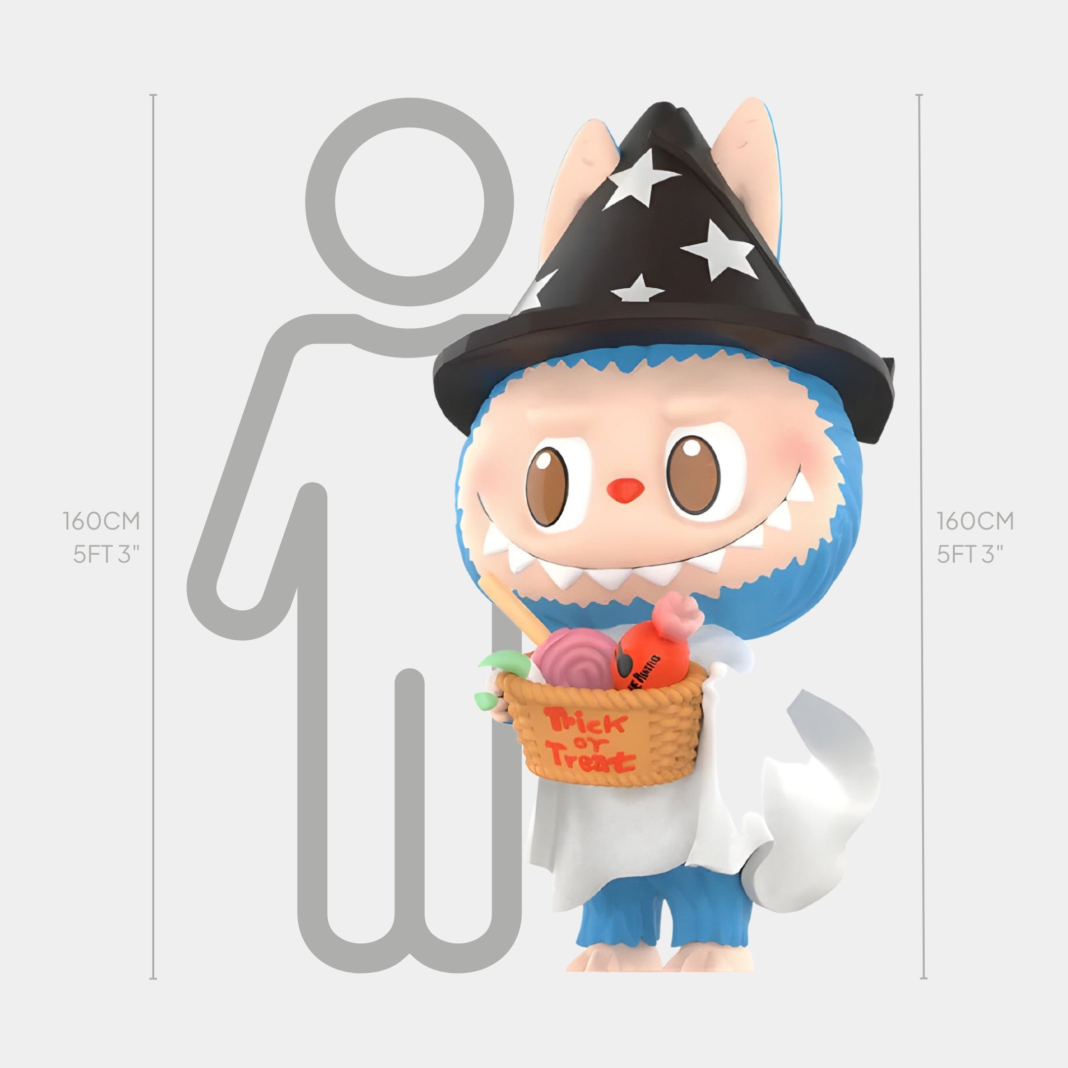 The Giant Sculptures Halloween Parade Wizard Labubu Sculpture stands 160cm tall, featuring a cute cartoon animal in a blue monster costume with a black witch hat and “Trick or Treat” basket filled with candy.