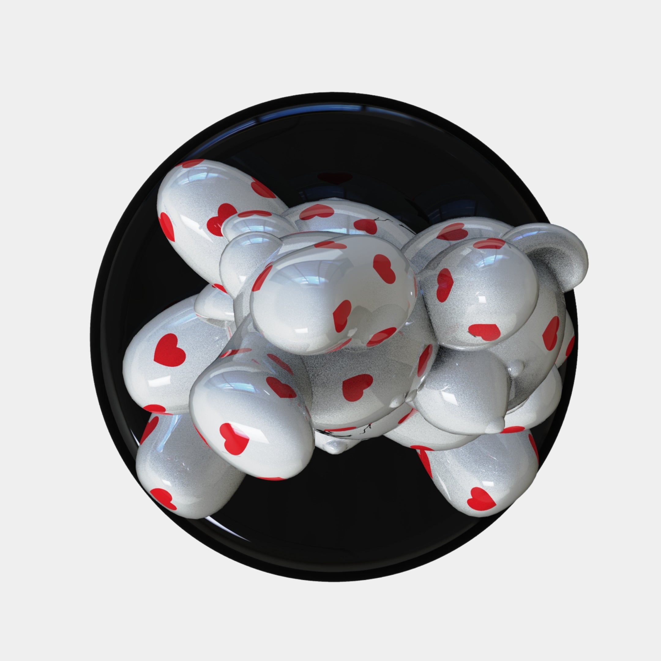 The Gacko Banksy Triple Bear Sculpture by Giant Sculptures is a glossy 90cm fibreglass bear with red heart patterns on a black base, showcasing playful contemporary street art against a plain white background.