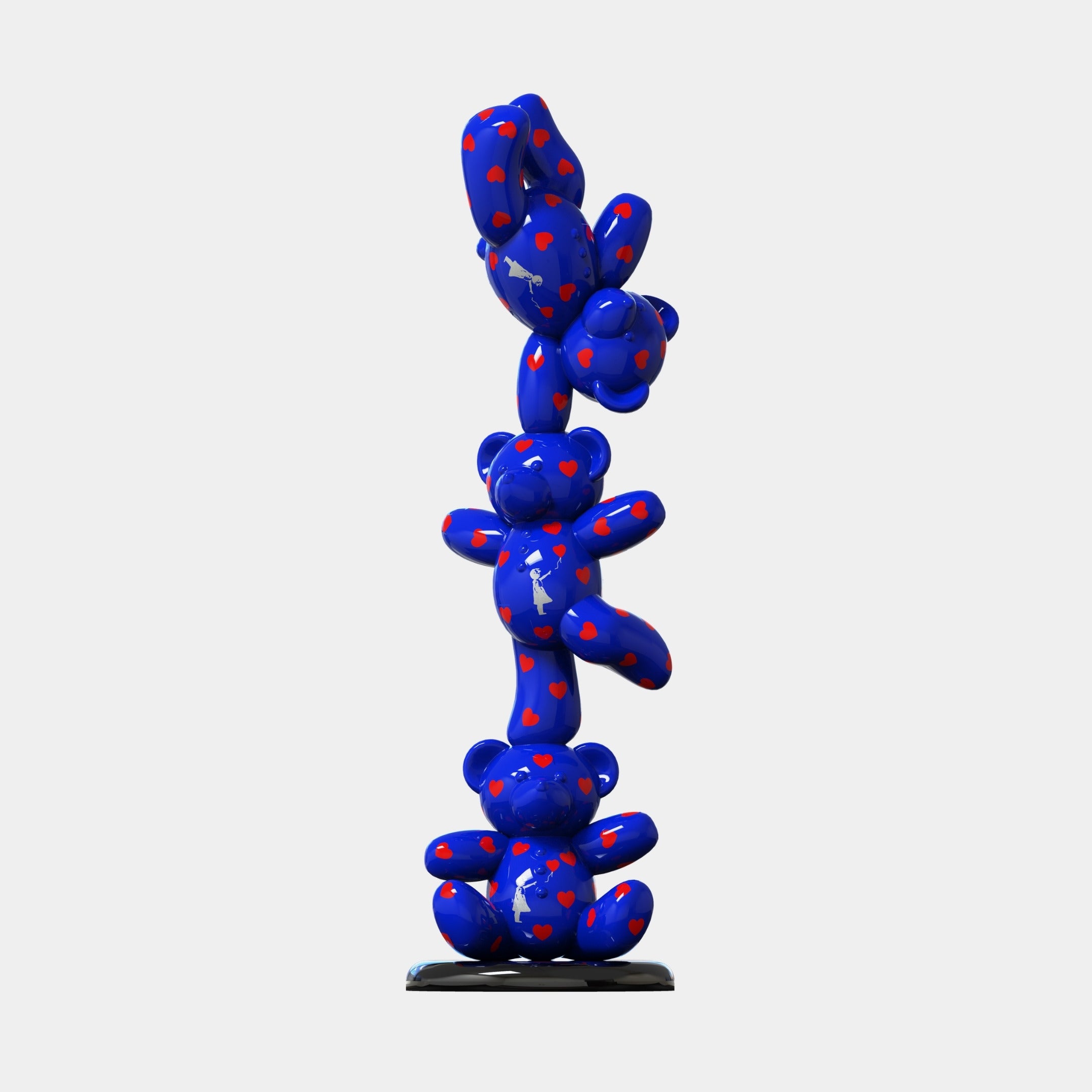 The Gacko Blue Love Triple Bear Sculpture (90cm) by Giant Sculptures showcases three shiny blue teddy bears with red heart patterns, stacked vertically against a plain white background.