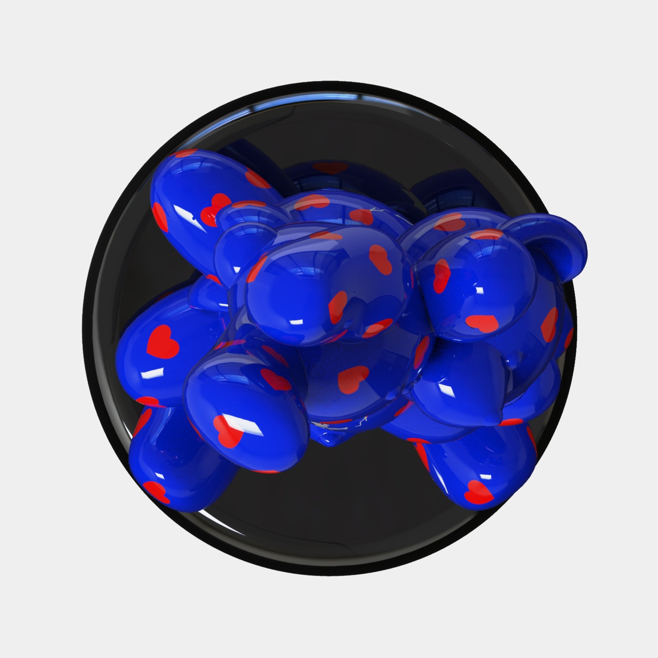 The Gacko Blue Love Triple Bear Sculpture - 200cm by Giant Sculptures features a glossy abstract blue bear with red hearts, seen from above inside a shiny black circular dish on a white background—a striking piece of modern art.