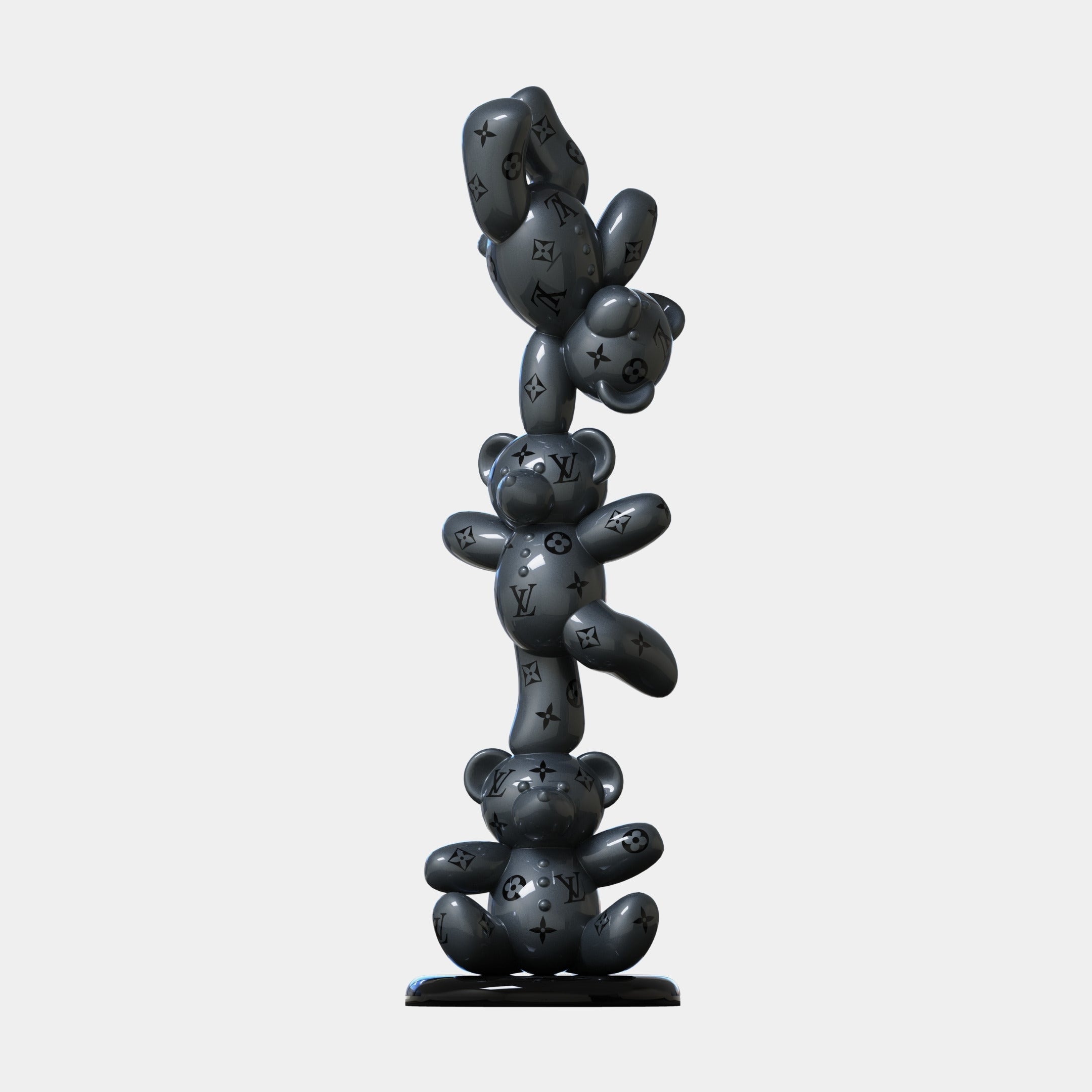 The Gacko Grey LV Triple Bear Sculpture (90cm) by Giant Sculptures features three designer-inspired bears with a Louis Vuitton-like monogram, stacked vertically in a contemporary pop art style against a plain white background.