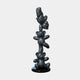 The Gacko Grey LV Triple Bear Sculpture - 90cm by Giant Sculptures features three glossy, dark grey balloon-style bears with black LV logos, stacked on a round base for a bold pop art display.