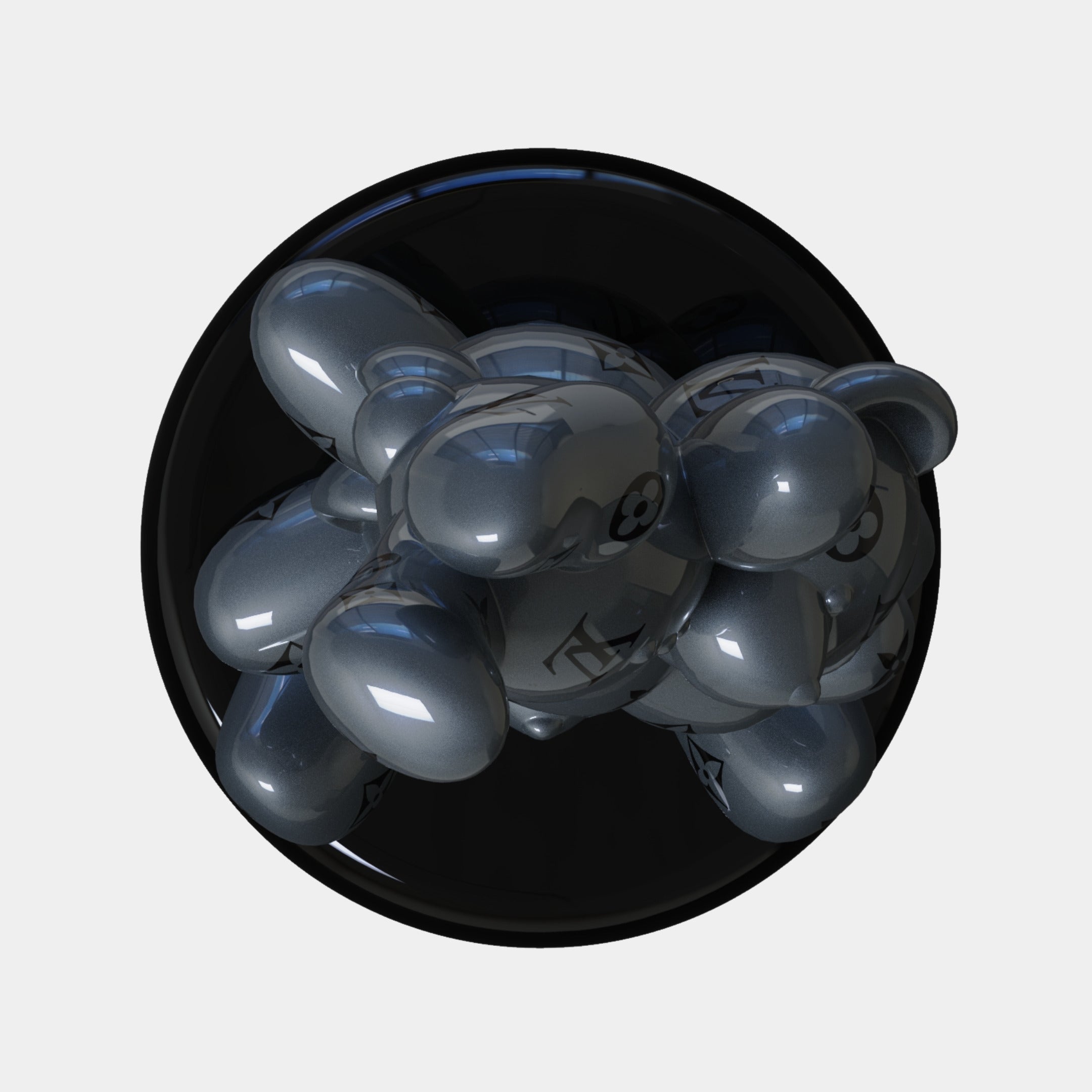 The Gacko Grey LV Triple Bear Sculpture (90cm) by Giant Sculptures features glossy, abstract bubble-like forms in dark metallic gray atop a shiny black base, evoking modern pop art on a plain light gray background.