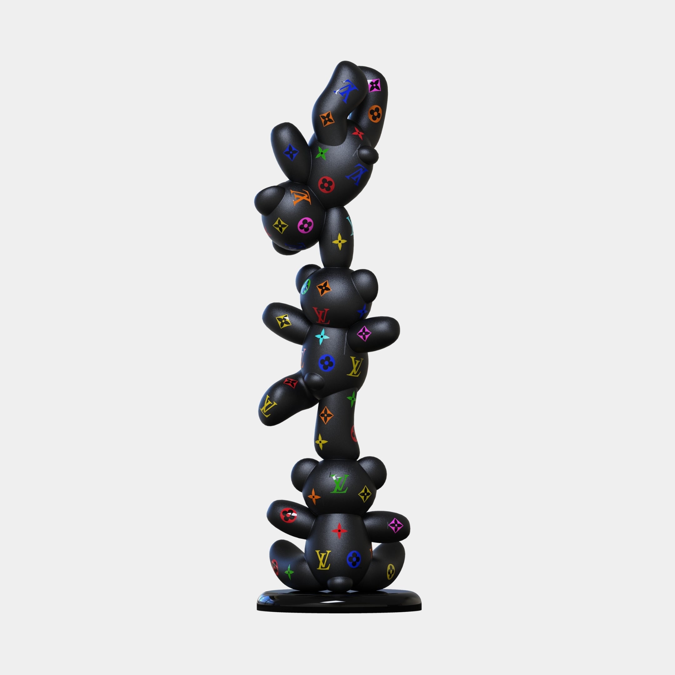 The Gacko Matte Multicoloured LV Triple Bear Sculpture by Giant Sculptures features three stacked, matte black bear-like figures with vibrant Louis Vuitton logos, standing 90cm tall against a plain white background.