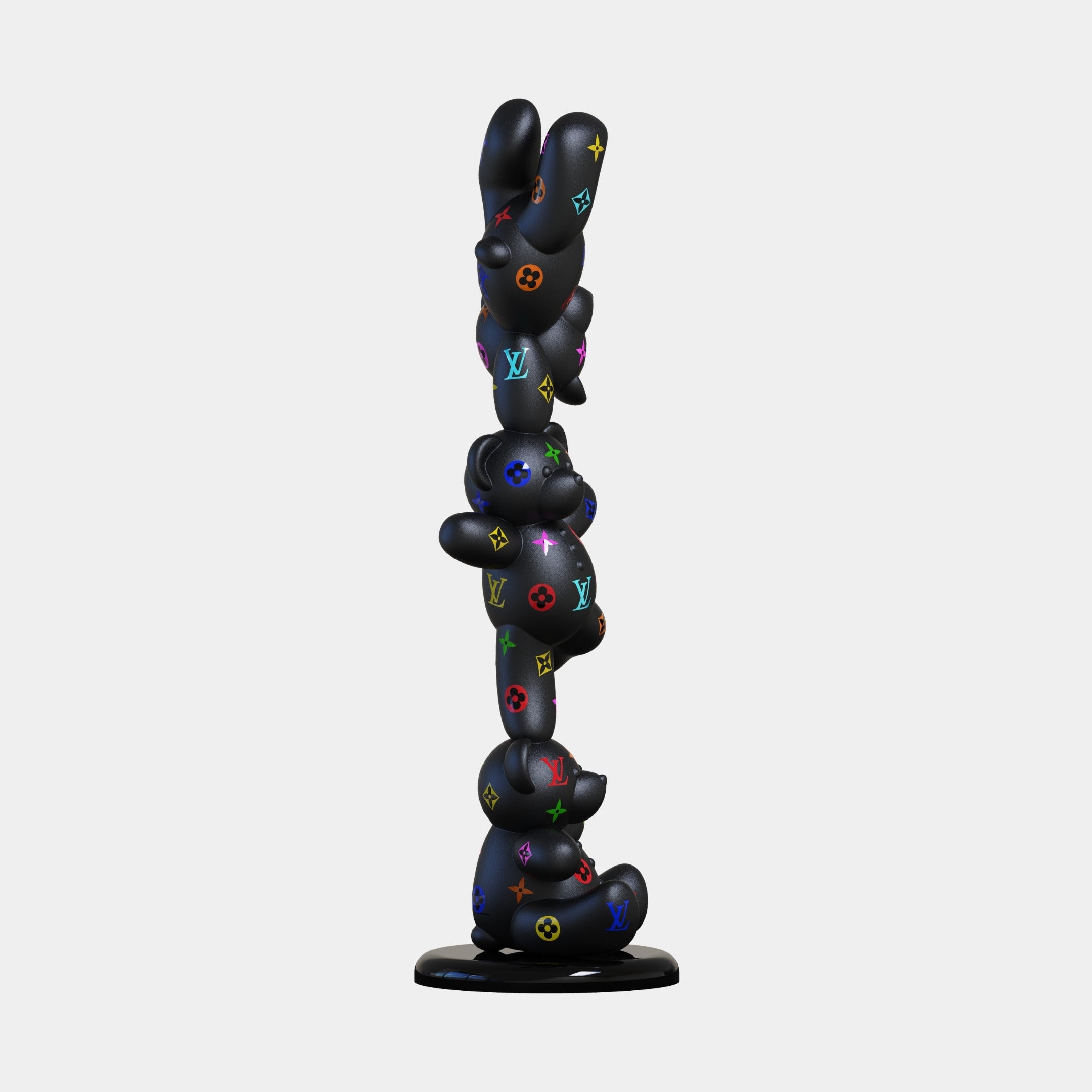 The Gacko Matte Multicoloured LV Triple Bear Sculpture by Giant Sculptures stands 90cm tall, featuring three stacked teddy bears in vibrant monogram patterns on a black base—an eye-catching pop art piece against a plain white background.