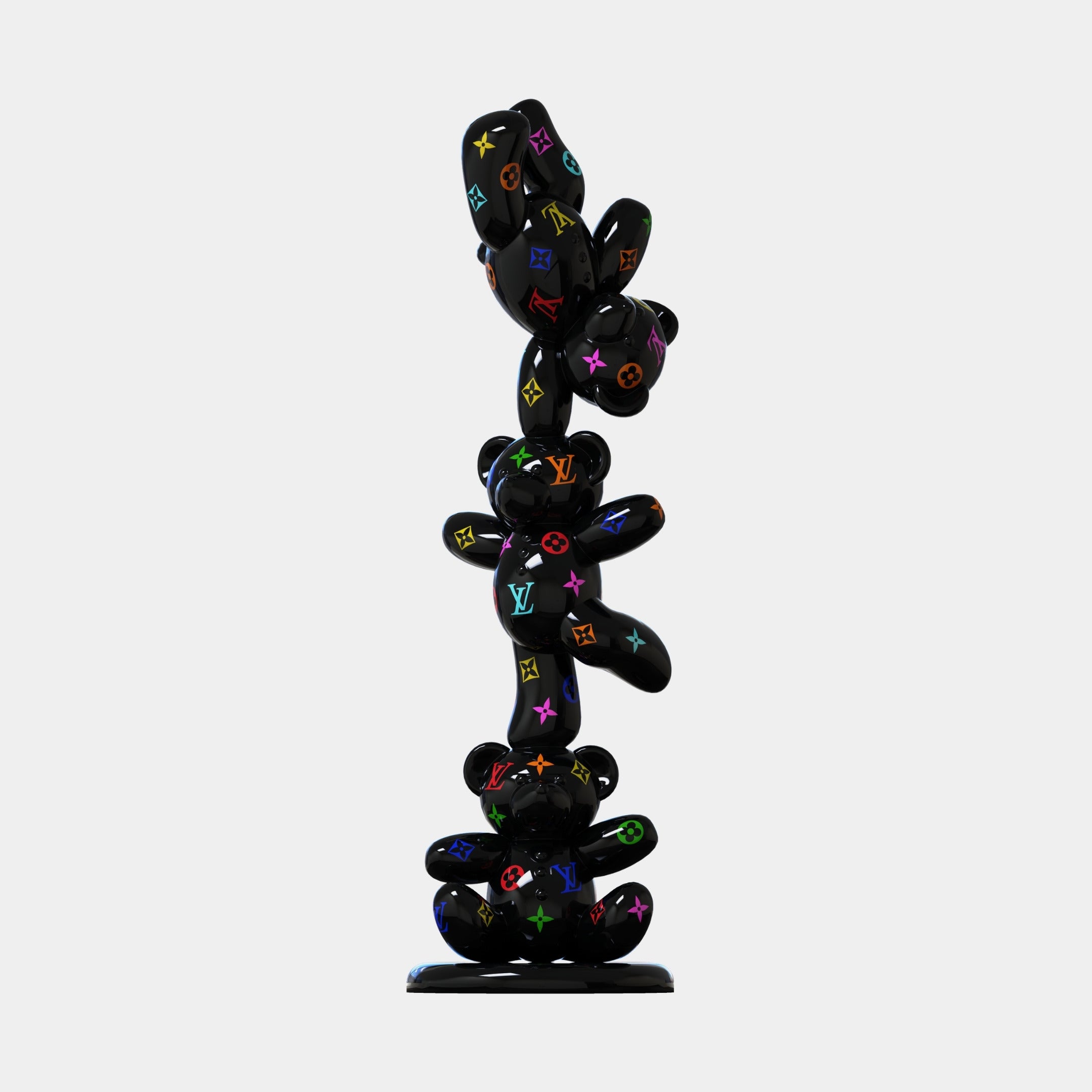 The Gacko Multicoloured LV Triple Bear Sculpture - 90cm by Giant Sculptures features three black pop art bears stacked vertically, decorated with colorful Louis Vuitton logos, set against a plain white background.