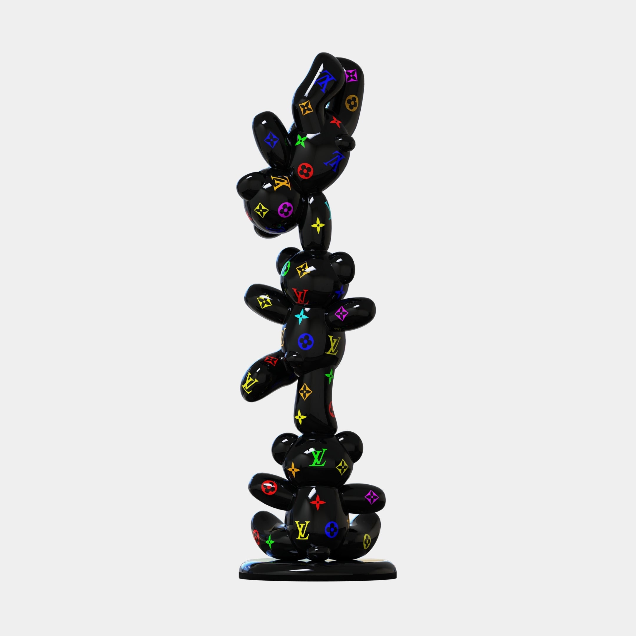 The Gacko Multicoloured LV Triple Bear Sculpture - 90cm by Giant Sculptures features three glossy black pop art bears stacked vertically, each adorned with vibrant Louis Vuitton logos, set against a plain white background.