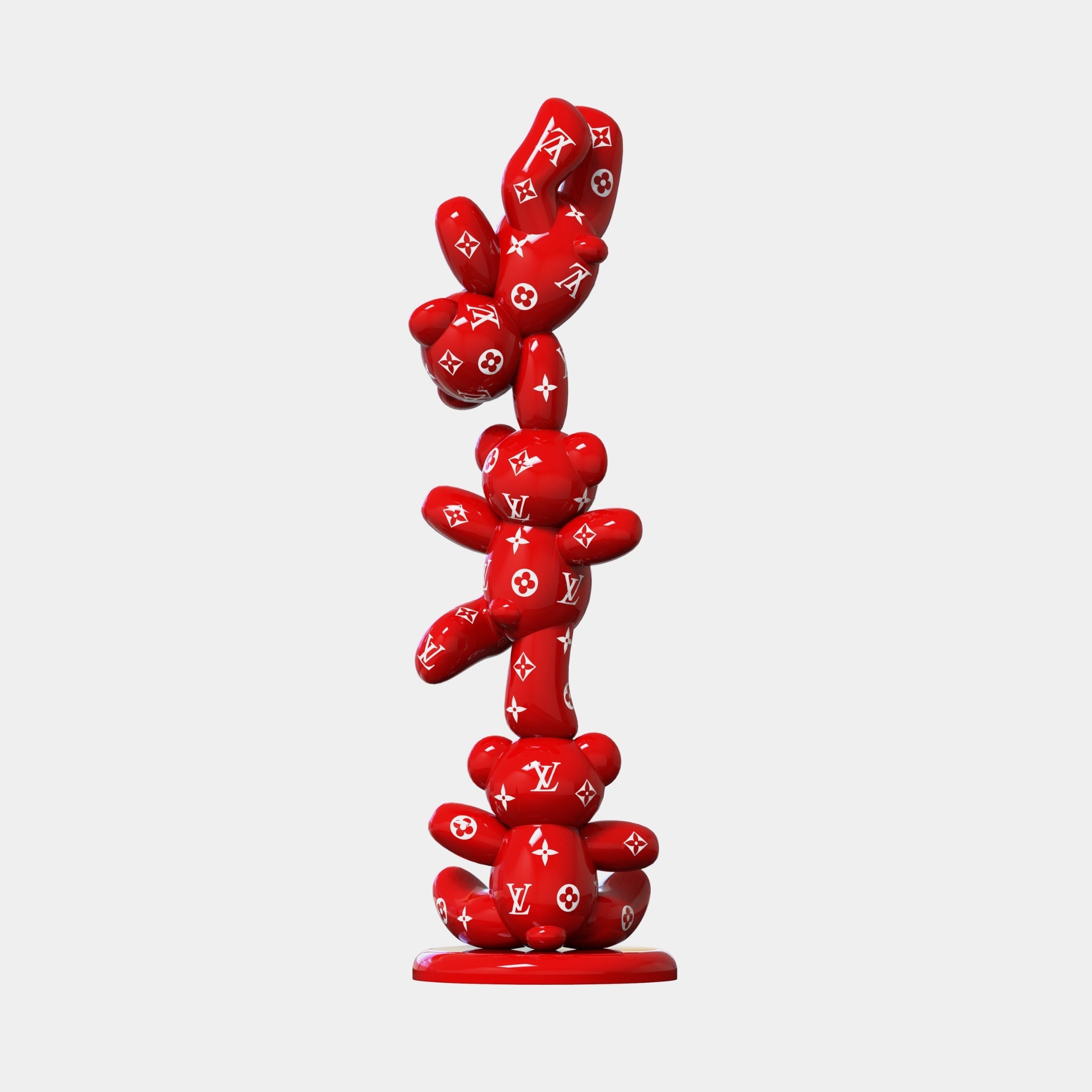 The Gacko Rouge LV Triple Bear Sculpture (90cm) by Giant Sculptures features stacked, glossy red bears with white Louis Vuitton-style logos on a circular base—a striking pop art piece for luxury decor.