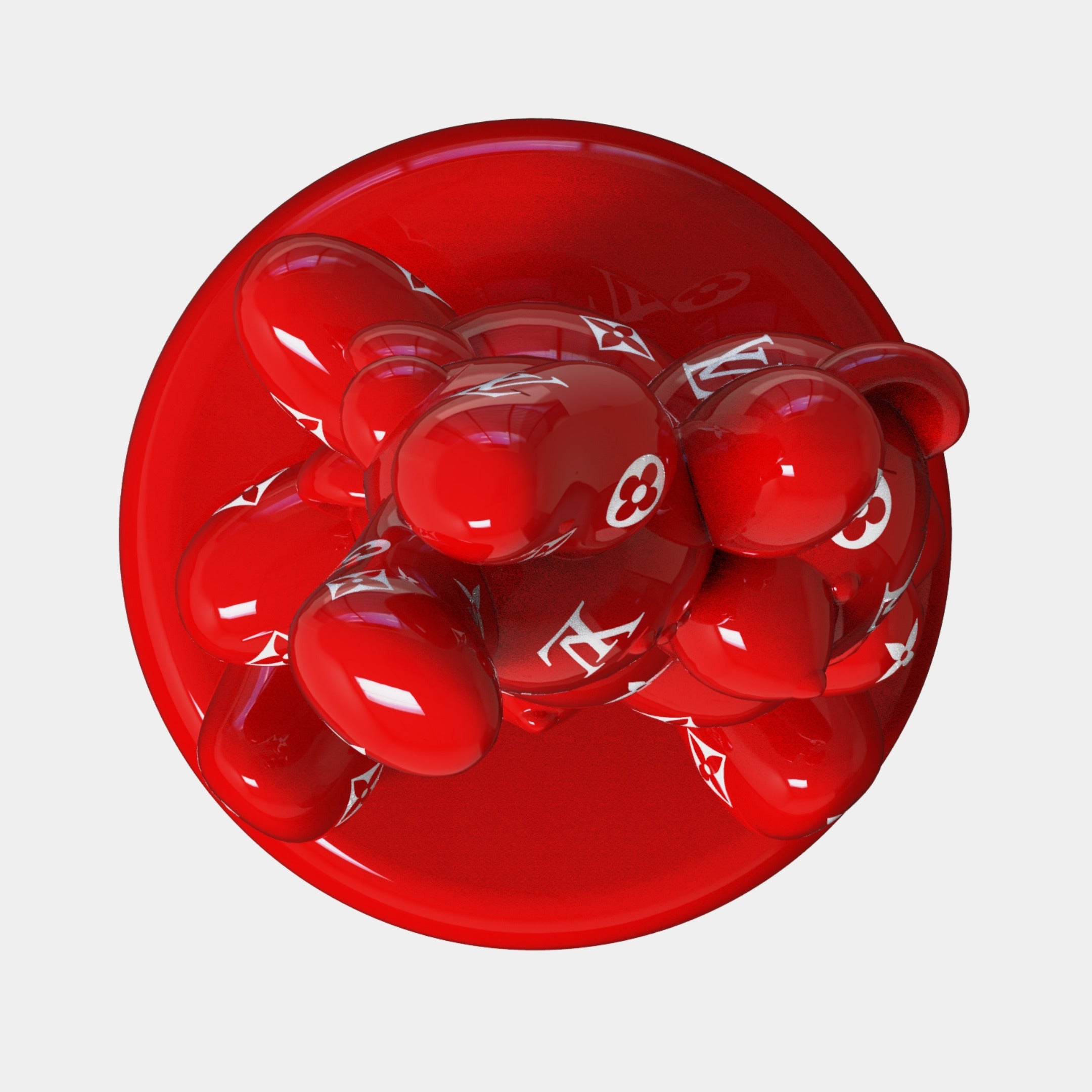 The Gacko Rouge LV Triple Bear Sculpture by Giant Sculptures is a glossy red, 200cm designer artwork with rounded forms, reflective highlights, and white logo-like symbols, viewed from above.