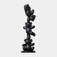 The Gacko Matte Black LV Triple Bear Sculpture by Giant Sculptures is a 90cm contemporary pop art piece featuring three vertically stacked teddy bears with embossed Louis Vuitton-like patterns, crafted from fibreglass against a light grey background.