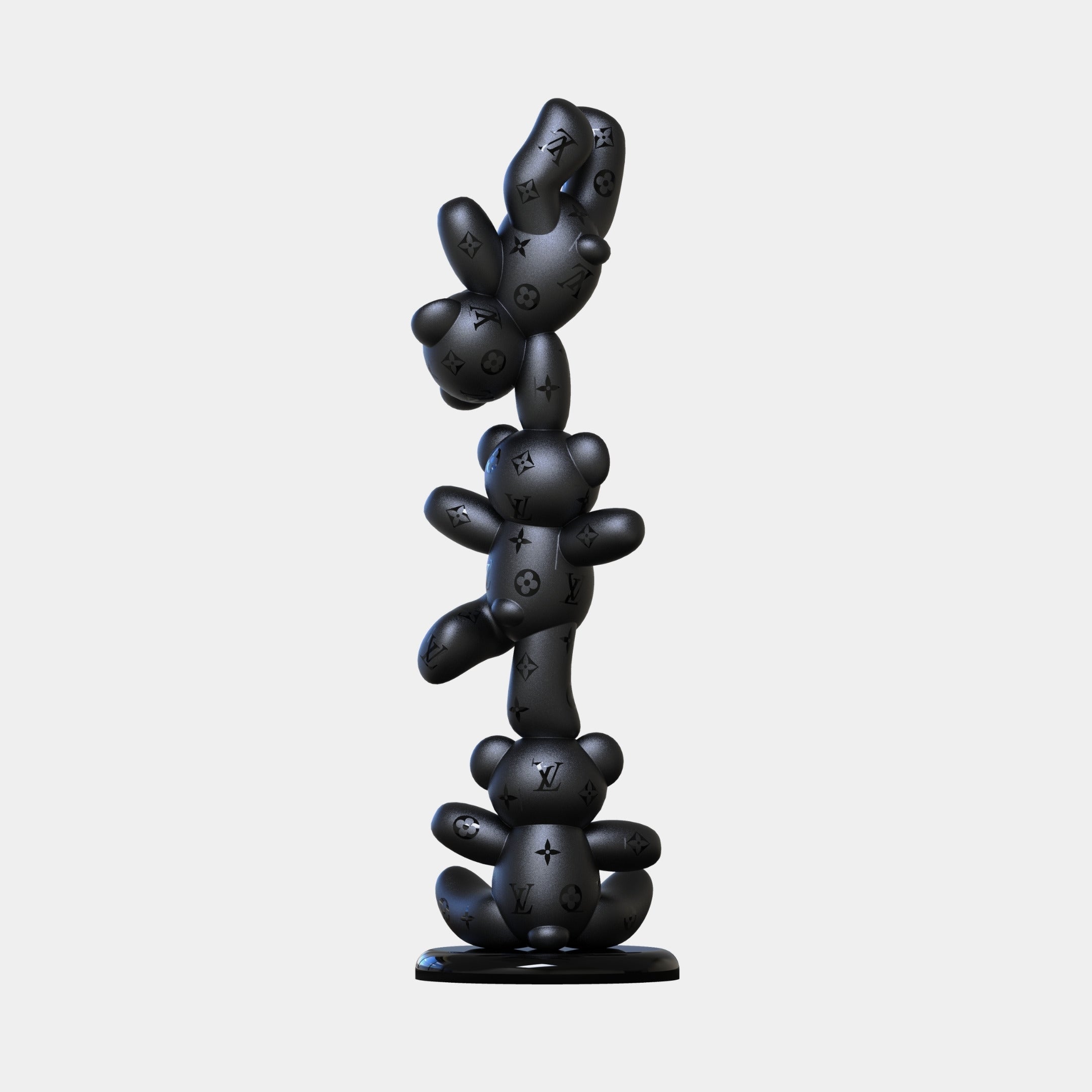 The Gacko Matte Black LV Triple Bear Sculpture by Giant Sculptures is a 90cm contemporary pop art fibreglass piece featuring three stacked balloon-like bears with engraved Louis Vuitton logos, all on a round base against a light background.
