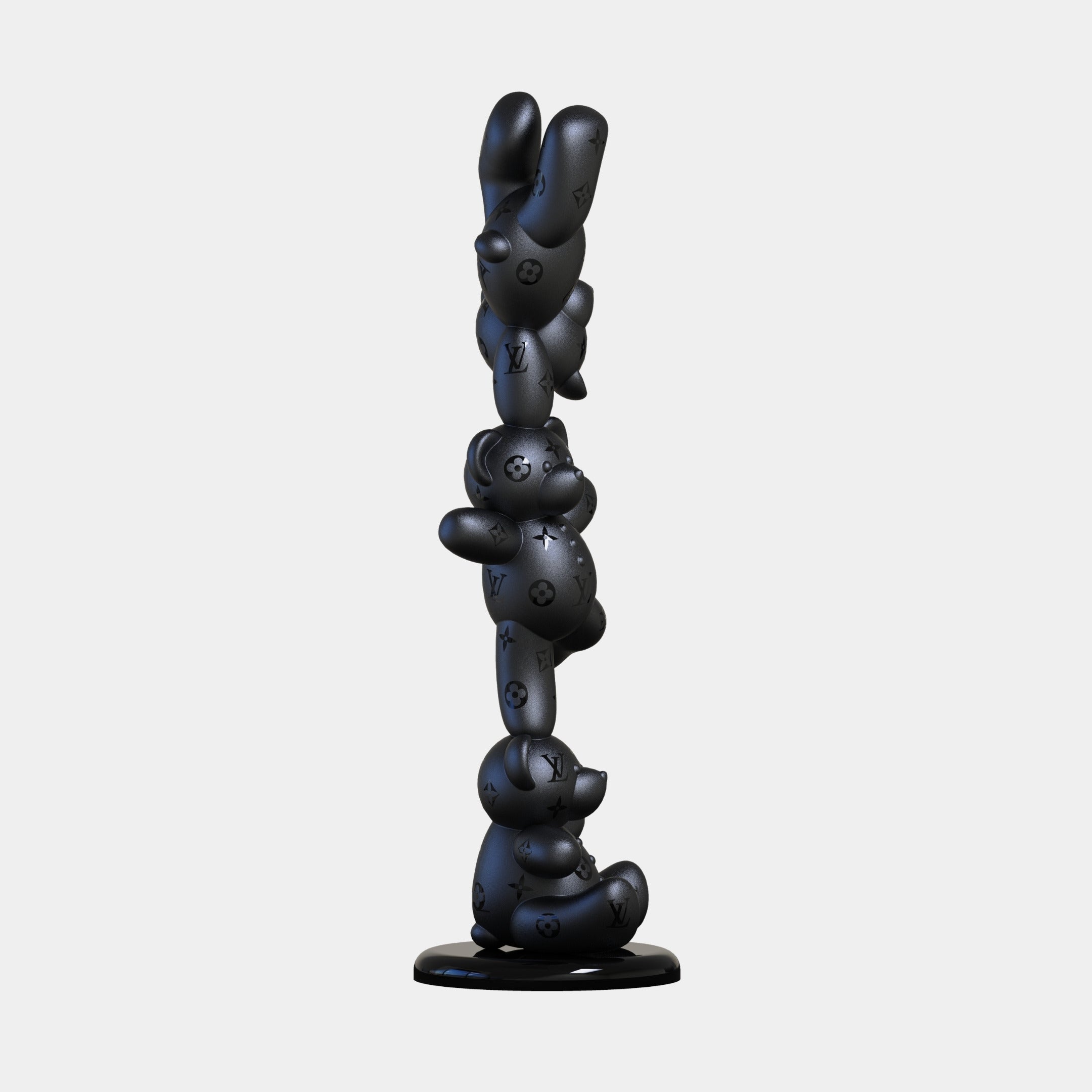 The Gacko Matte Black LV Triple Bear Sculpture by Giant Sculptures is a 90cm tall, matte black artwork of stacked bears with LV logos, standing on a round base against a plain light backdrop.