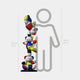 The Gacko Mondrian Triple Bear Sculpture by Giant Sculptures stands 150 cm tall, featuring three colorful, geometric bears in a color-block design. It's shown beside a gray 160 cm outline of a person for scale.