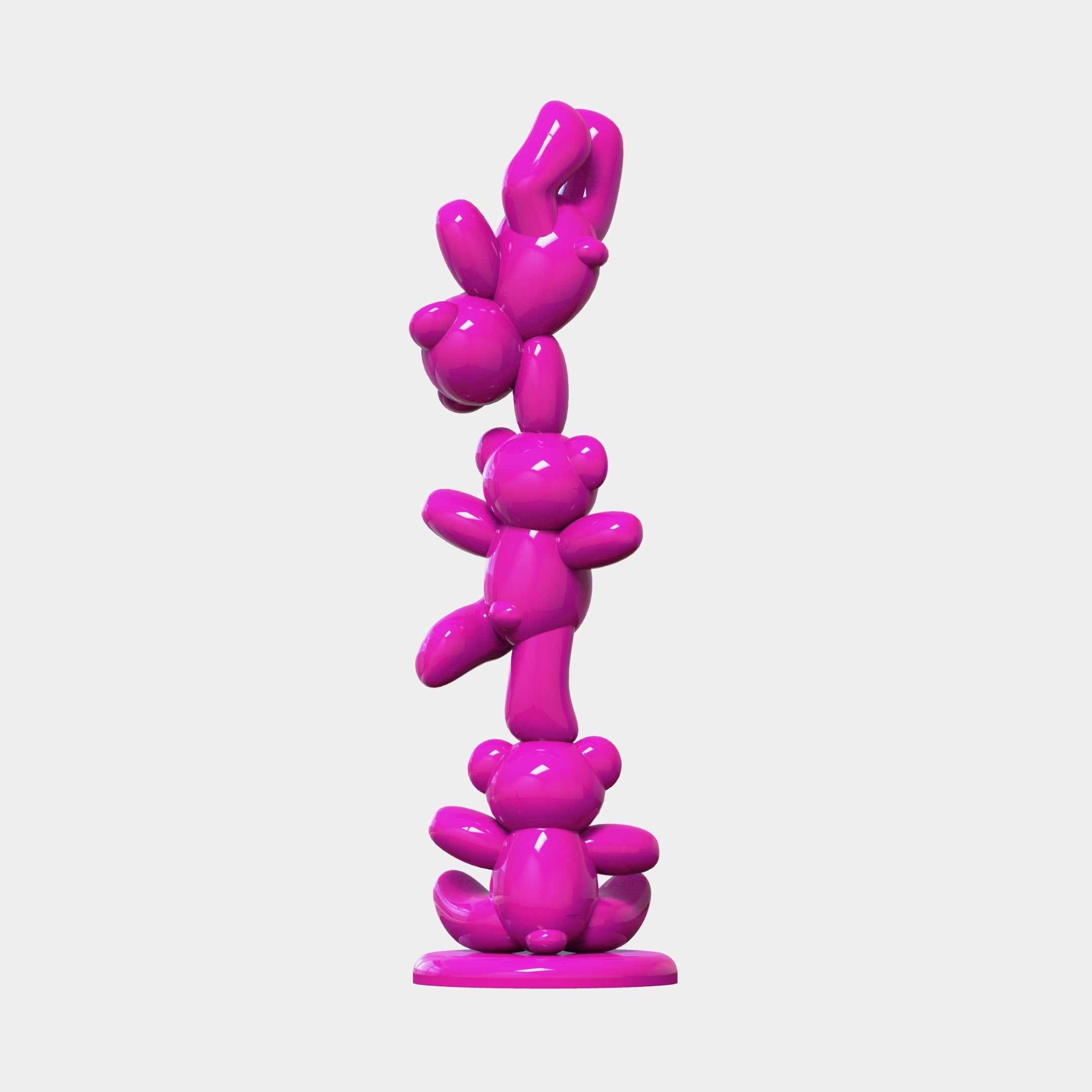 The Gacko Pink Triple Bear Sculpture - 90cm by Giant Sculptures showcases three glossy pink bears stacked vertically on a round base, ideal as a modern art statement for contemporary interiors.