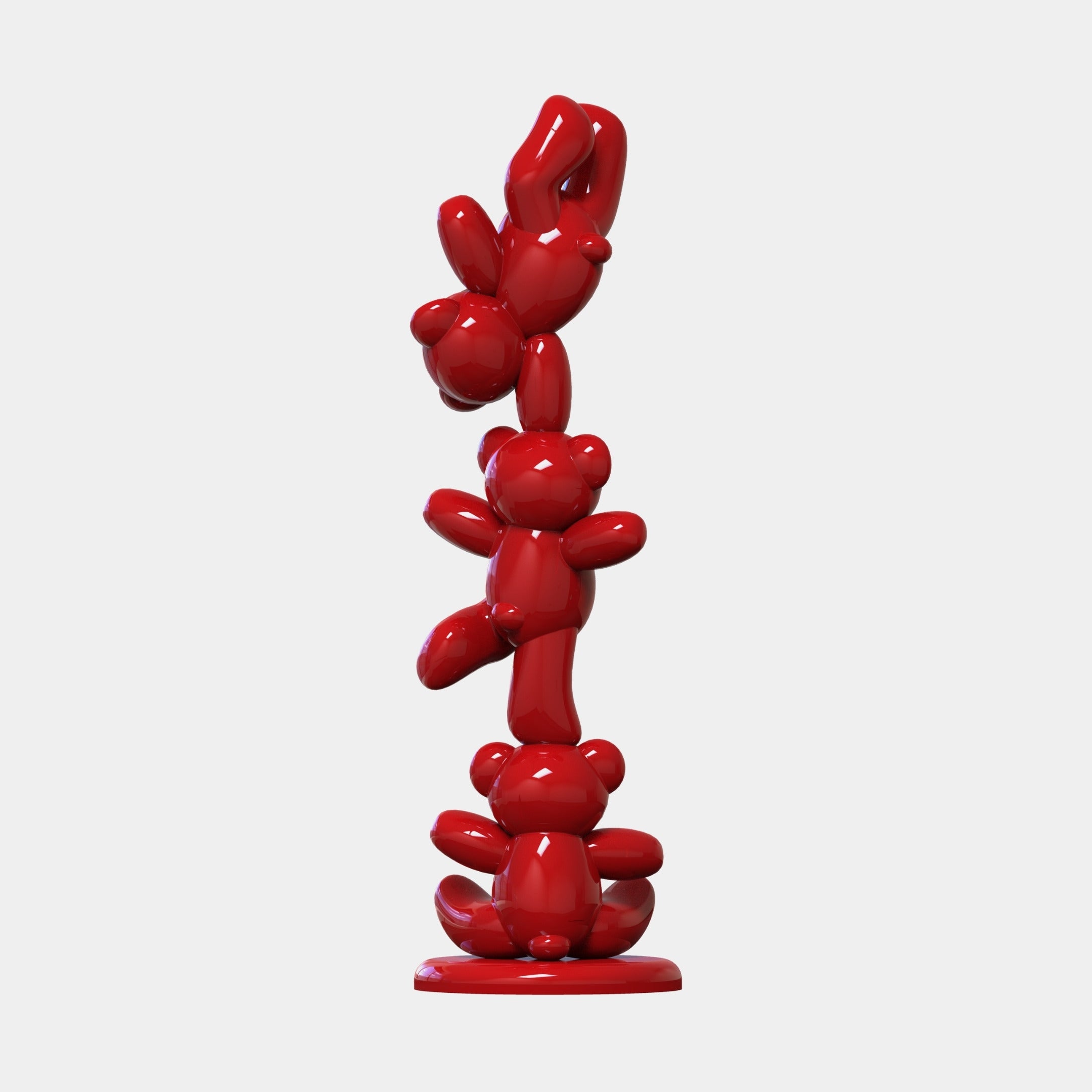 The Gacko Red Triple Bear Sculpture by Giant Sculptures features three shiny, balloon-like red bears stacked vertically, creating a bold contemporary art piece against a white background.