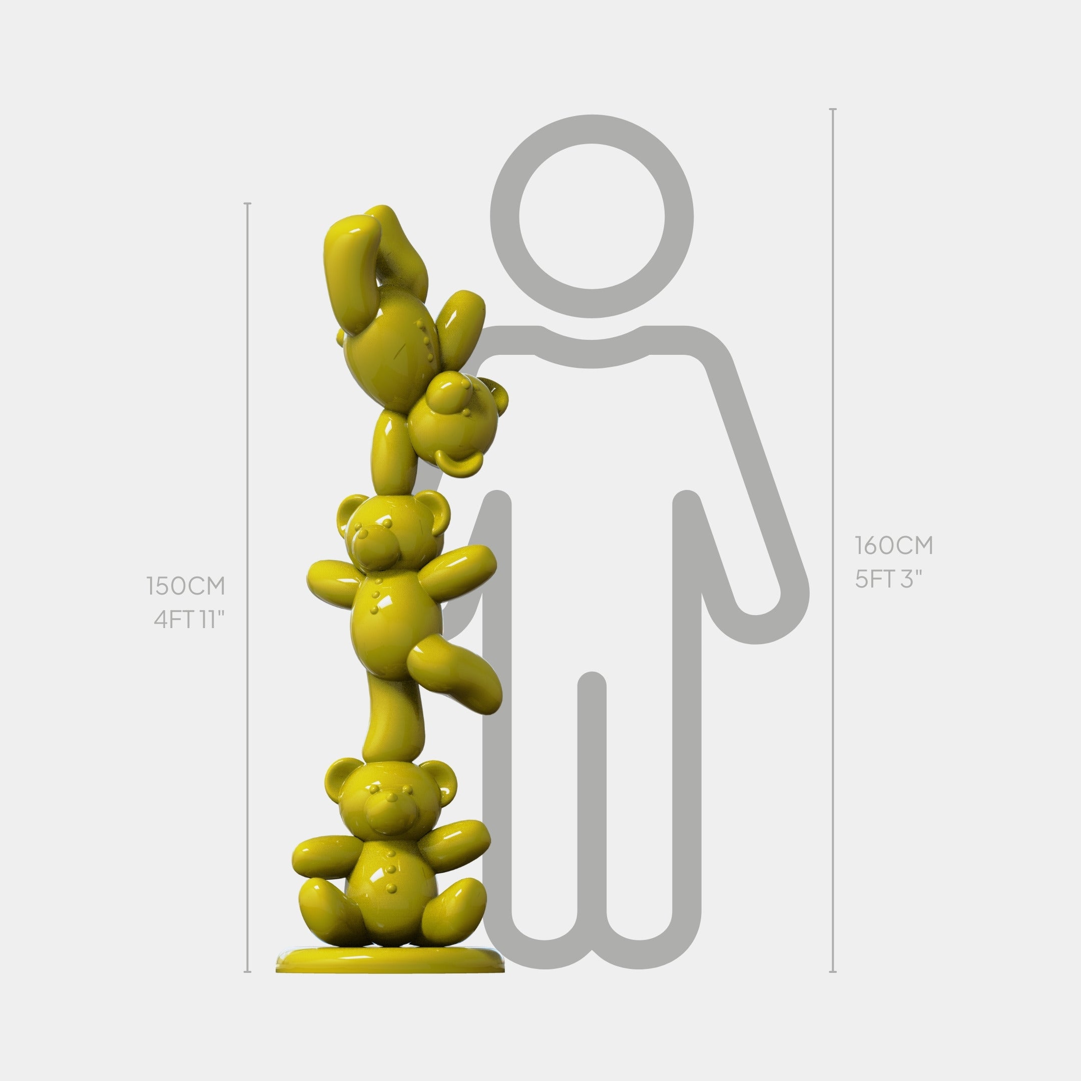 The Giant Sculptures Gacko Yellow Triple Bear Sculpture - 150cm features three balloon-style bears stacked together, making a striking piece of modern decor. Displayed beside a person for scale, this artwork stands 150 cm (4 ft 11 in) tall.