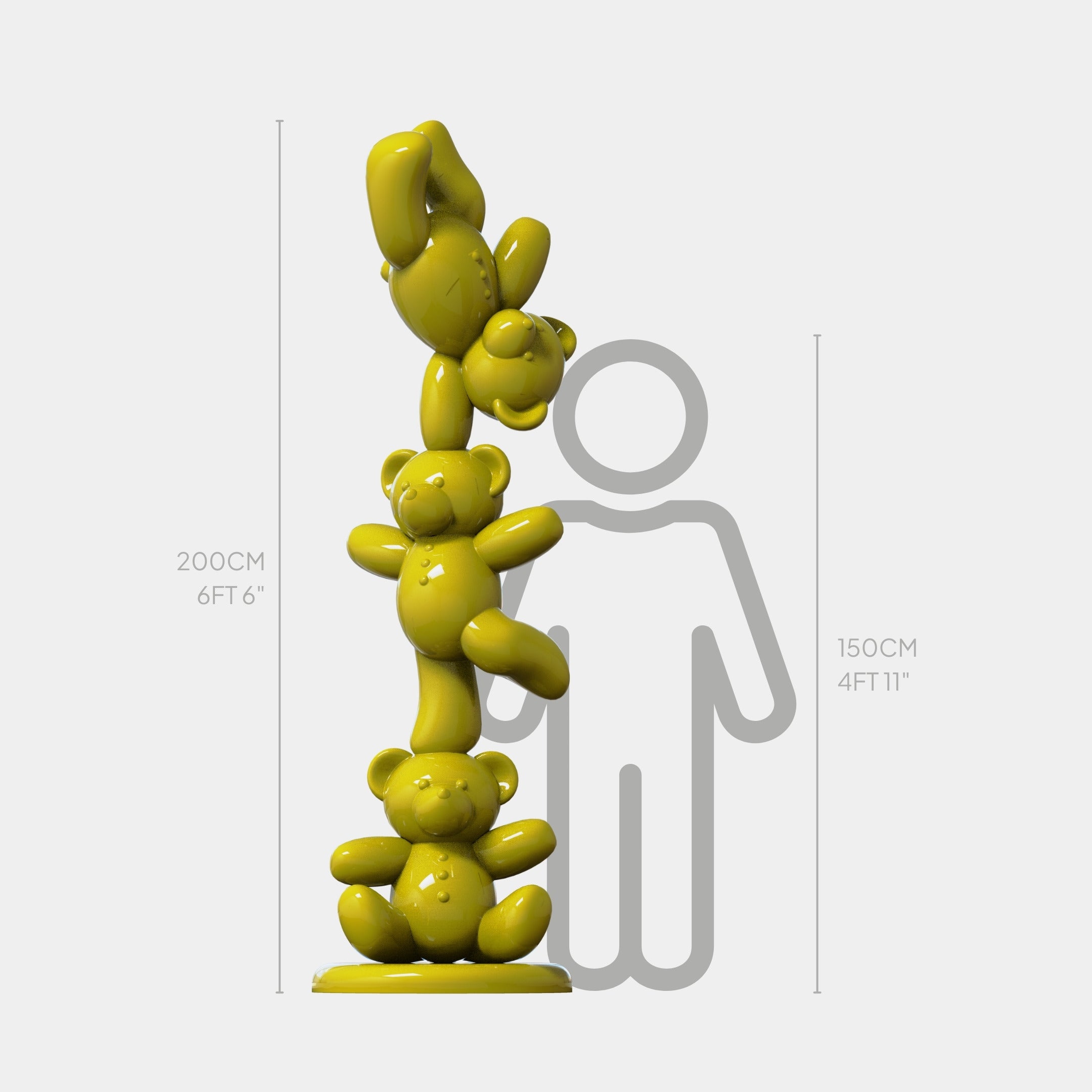 The Gacko Yellow Triple Bear Sculpture - 200cm by Giant Sculptures, a bold fibreglass piece, stands next to a height chart and grey figure. At 200 cm (6 ft 6 in), it towers over the adjacent 150 cm (4 ft 11 in) outline.