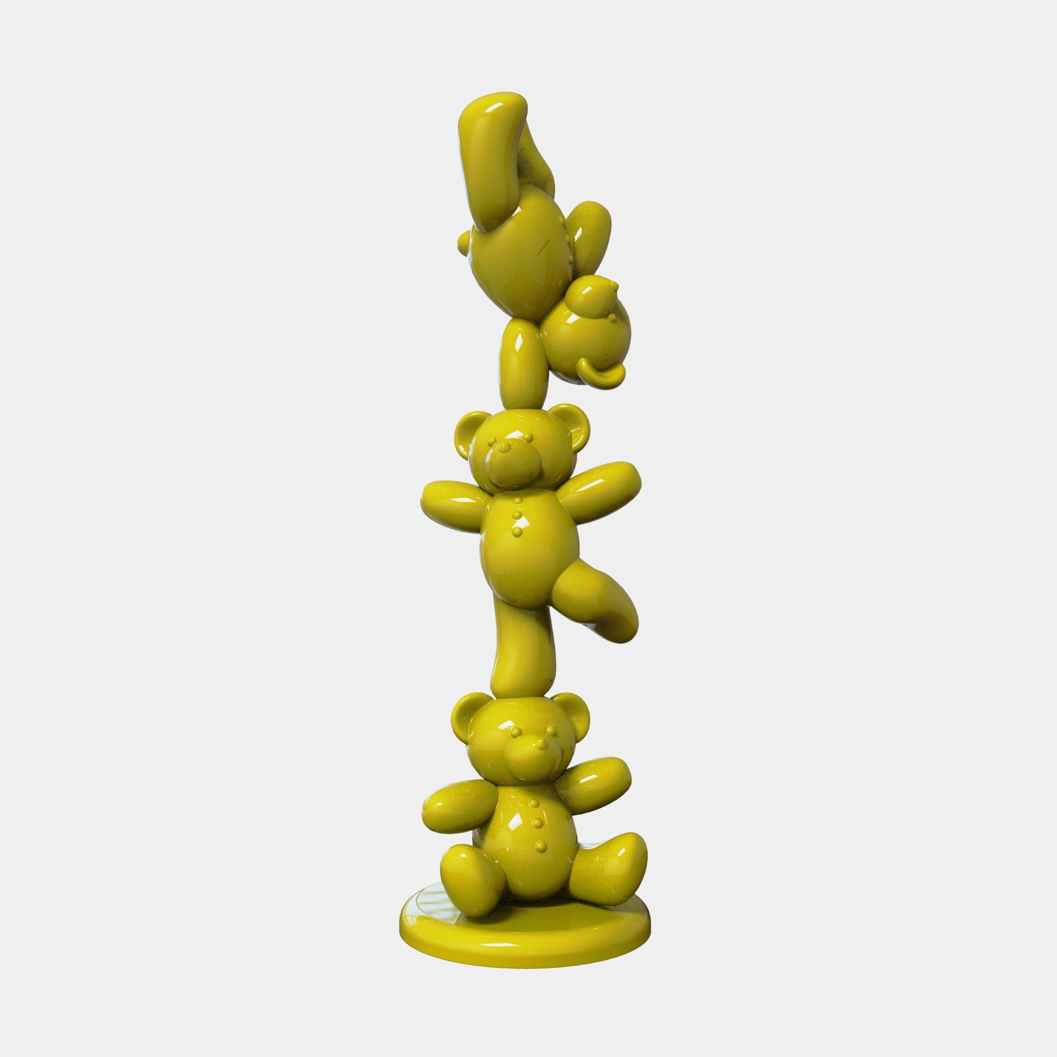 The Gacko Yellow Triple Bear Sculpture - 90cm by Giant Sculptures is a vibrant fibreglass piece with three balloon-like bears stacked on a round base, perfect for adding modern flair to your décor.