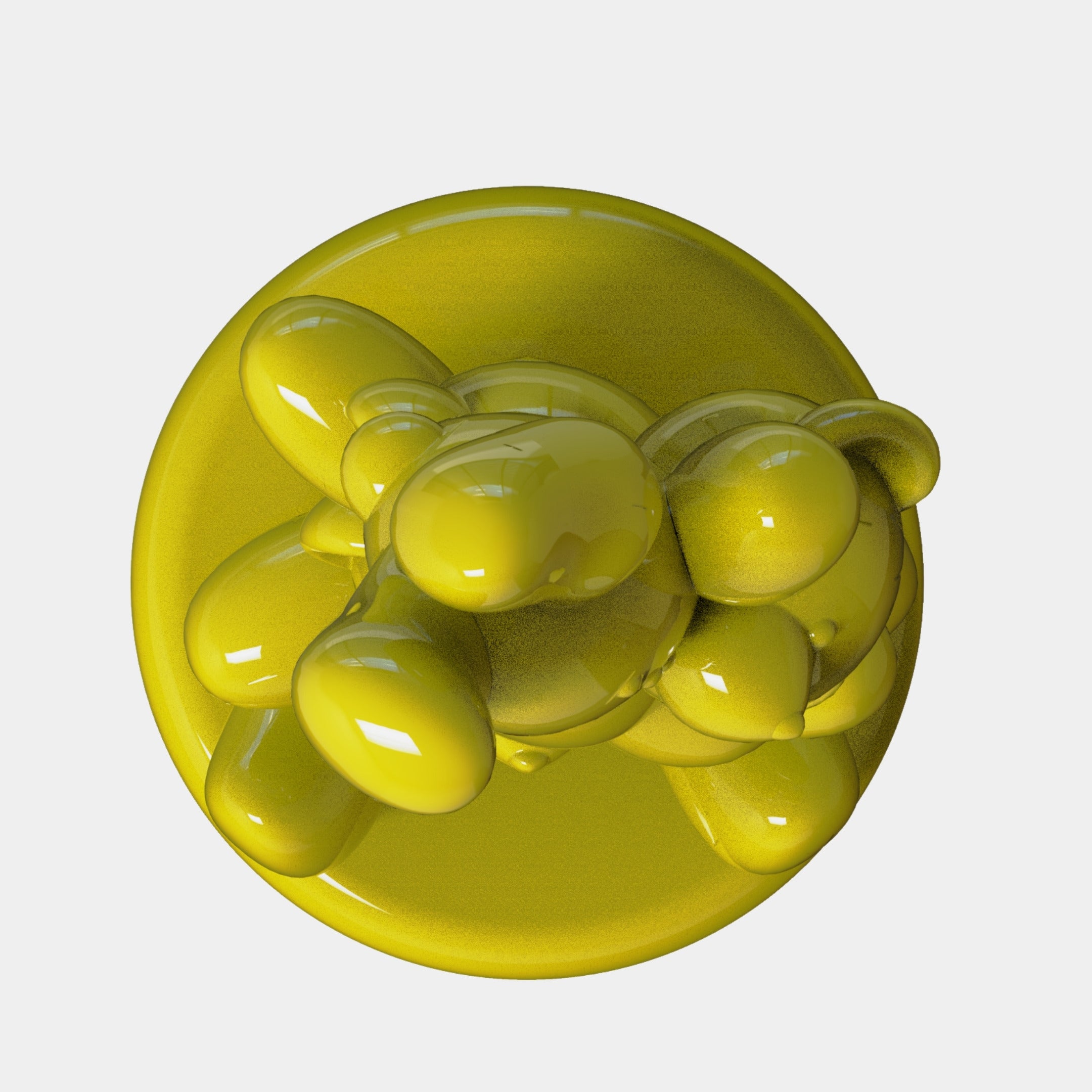 The Gacko Yellow Triple Bear Sculpture by Giant Sculptures features glossy, abstract, rounded bears on a circular base, viewed from above against a plain white background. Size: 90cm.