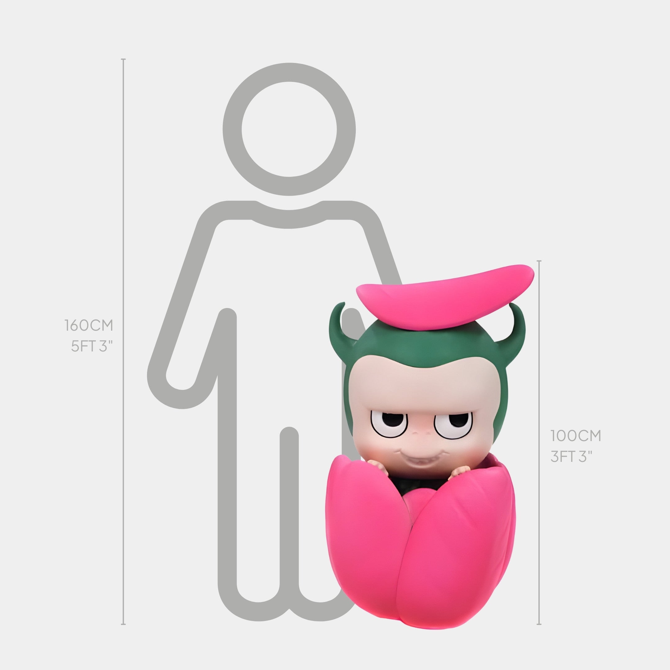 The Flower Elves Tulip Labubu Sculpture - 100cm by Giant Sculptures features a cheeky Labubu with green horns and a pink outfit, grinning mischievously in front of a height chart.