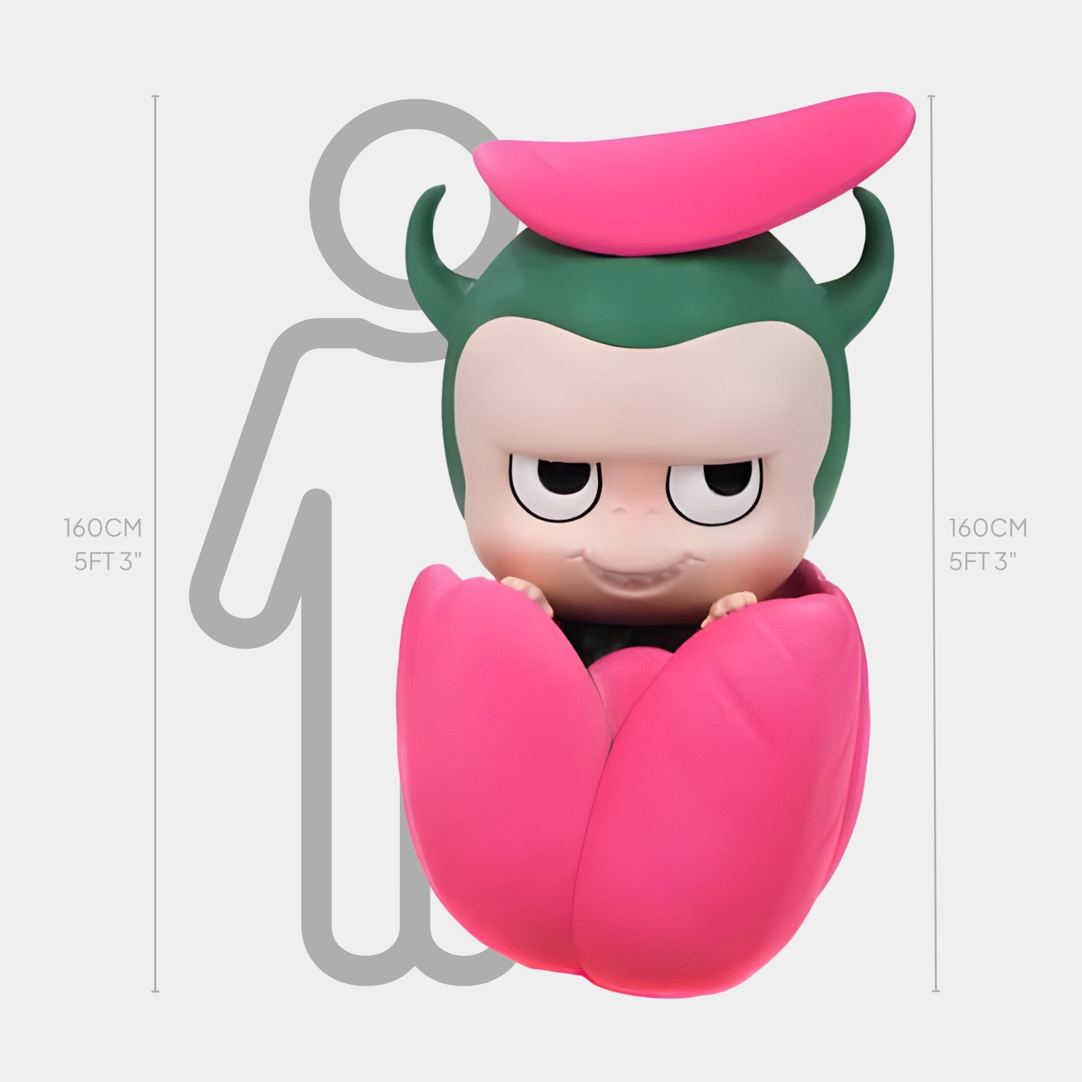 The Giant Sculptures Flower Elves Tulip Labubu Sculpture stands about 160 cm tall. This large fibreglass figure features a cartoonish expression, green helmet, and pink flower petals surrounding its body.