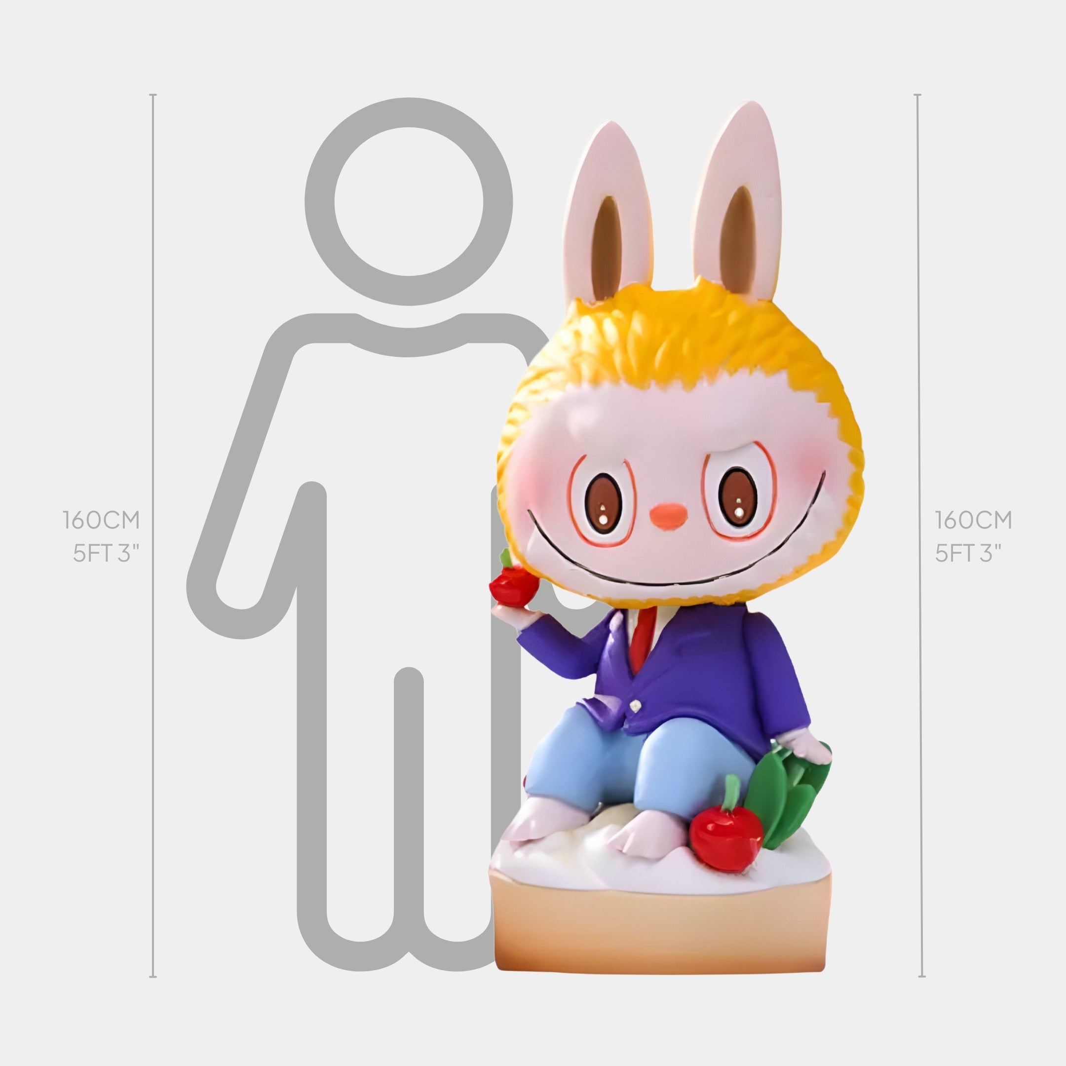 The Giant Sculptures Sweet Mischief Cherry Cake Labubu Sculpture stands 160cm tall, matching the human outline behind it. Made of indoor-safe fibreglass, this blue-suited rabbit holds cherries and is from the Sweet Mischief series.