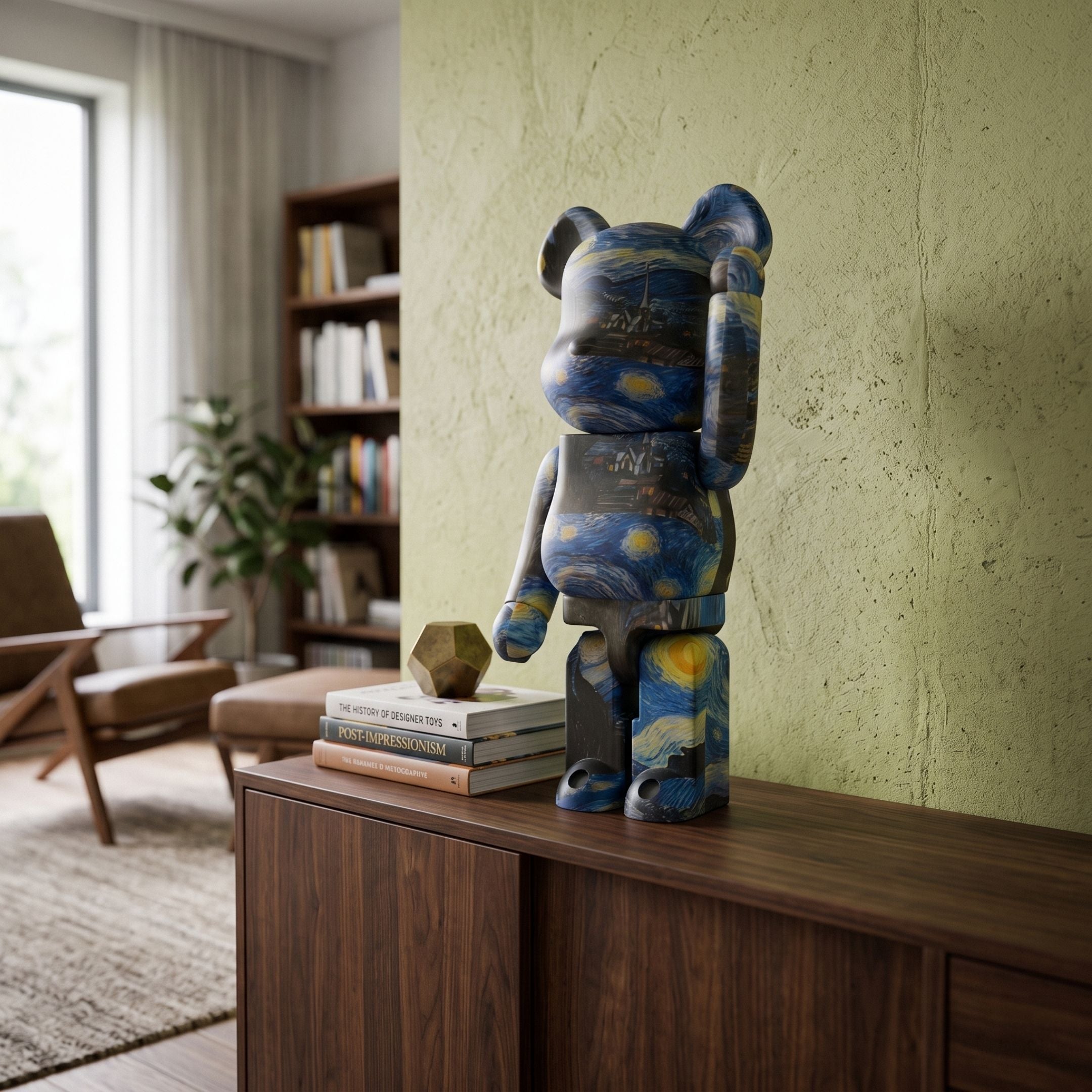 Twilight Sky Bear Sculpture - 70cm, a Starry Night-inspired blue and gold bear figure displayed on a wooden sideboard beside books in a living room.