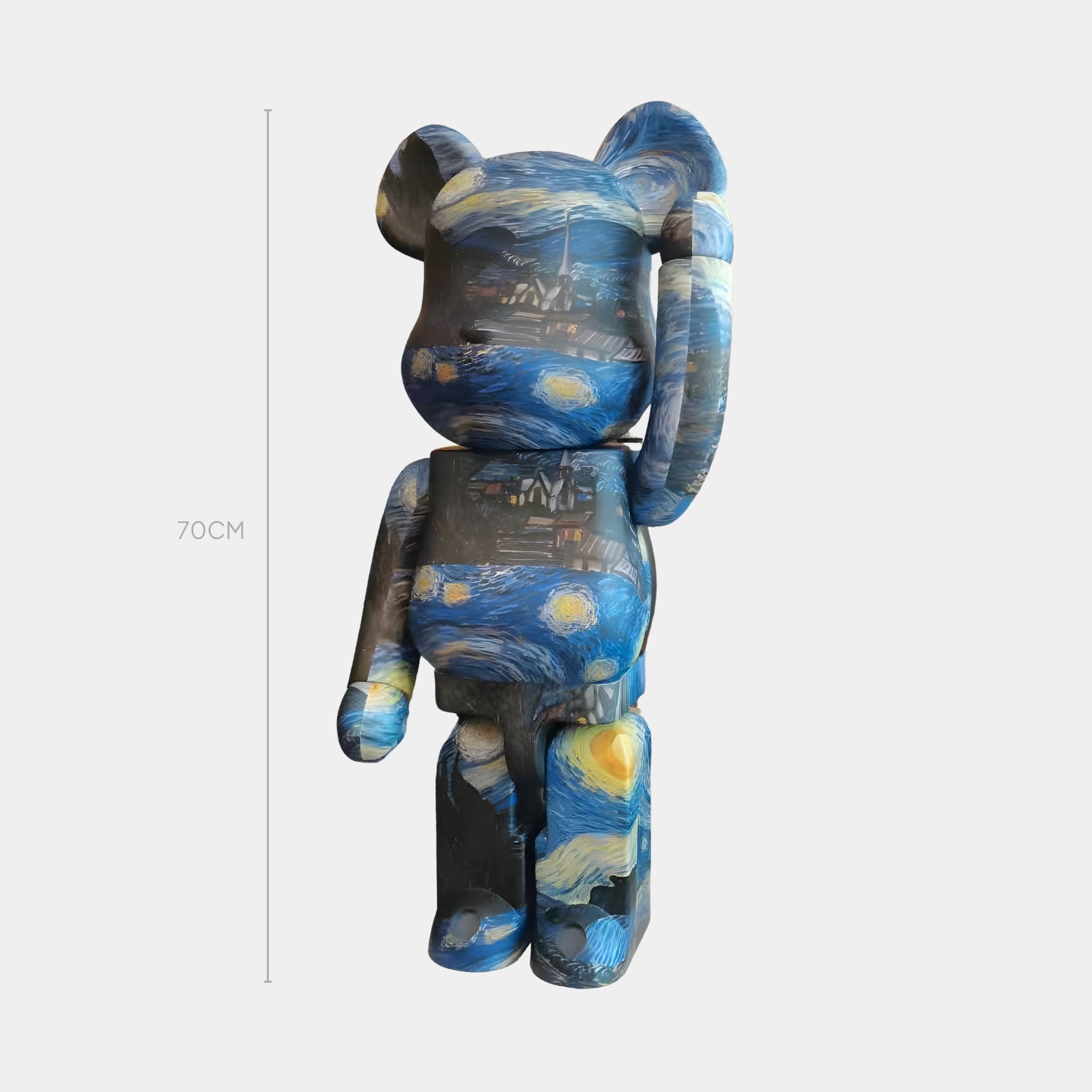 The Twilight Sky Bear Sculpture - 70cm by Giant Sculptures features swirling blue, yellow, and white Van Gogh-inspired patterns and is UV-resistant for lasting allure.