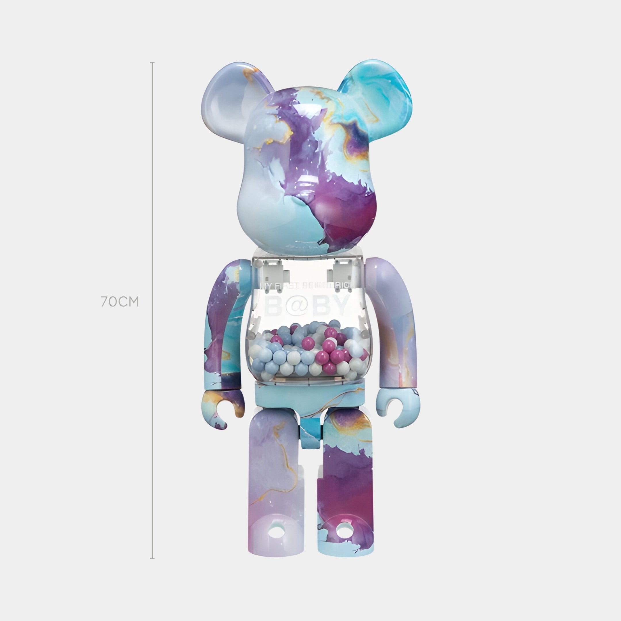 The Giant Sculptures Twilight Wave Beads Bear Sculpture - 70cm features a marbled blue, purple, and pink ombre bear with a transparent resin chest filled with colorful beads, set against a plain light gray background.