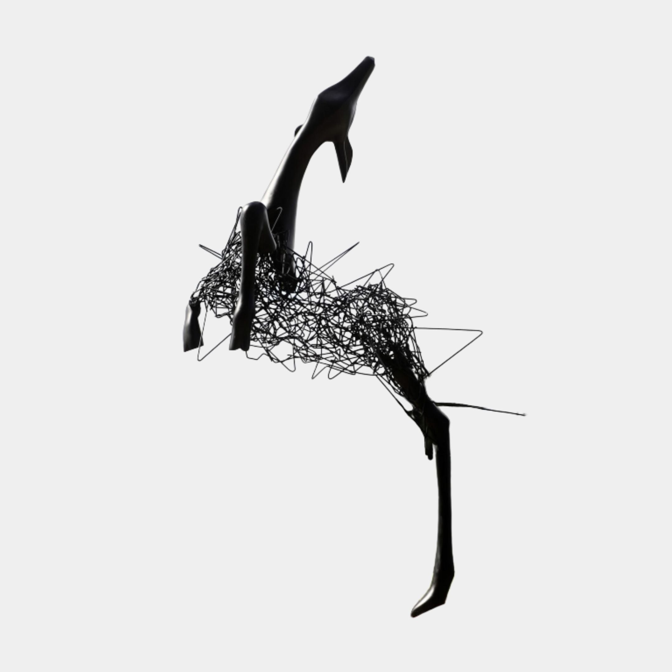 Black Abstract Leaping Deer Wire Metal Sculpture 173cm by Giant Sculptures, shown mid-leap with smooth head and tail and a tangled wire body on a plain background.