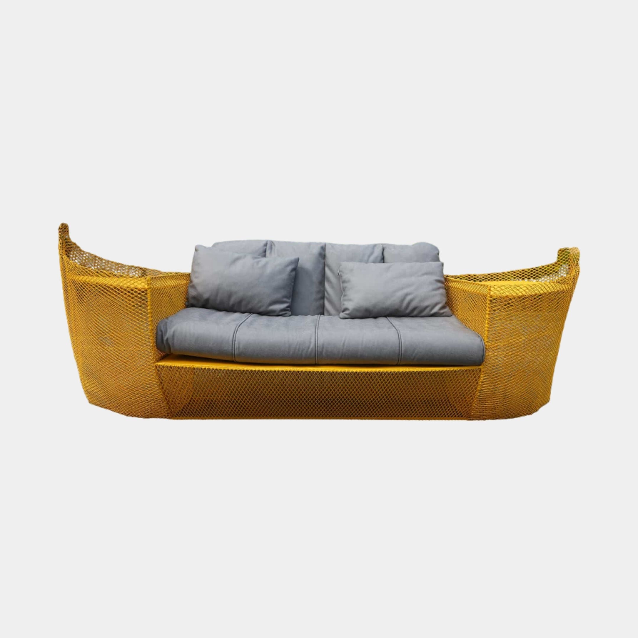 Giant Sculptures Yellow Wire-Mesh Outdoor Sofa 245cm with curved expanded metal frame and grey upholstered cushions, shown front-on against a plain light background.
